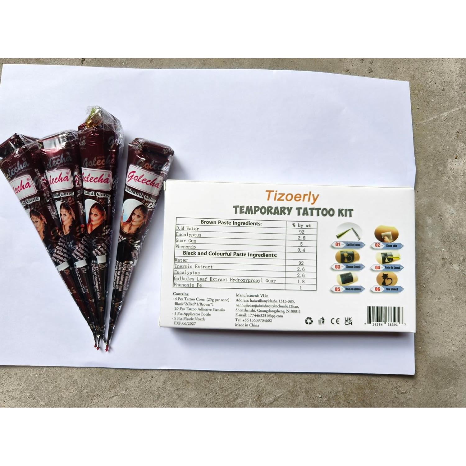 Kit de Tatuaje Temporal Negro VLIN - 4 Conos, 20 Plantillas