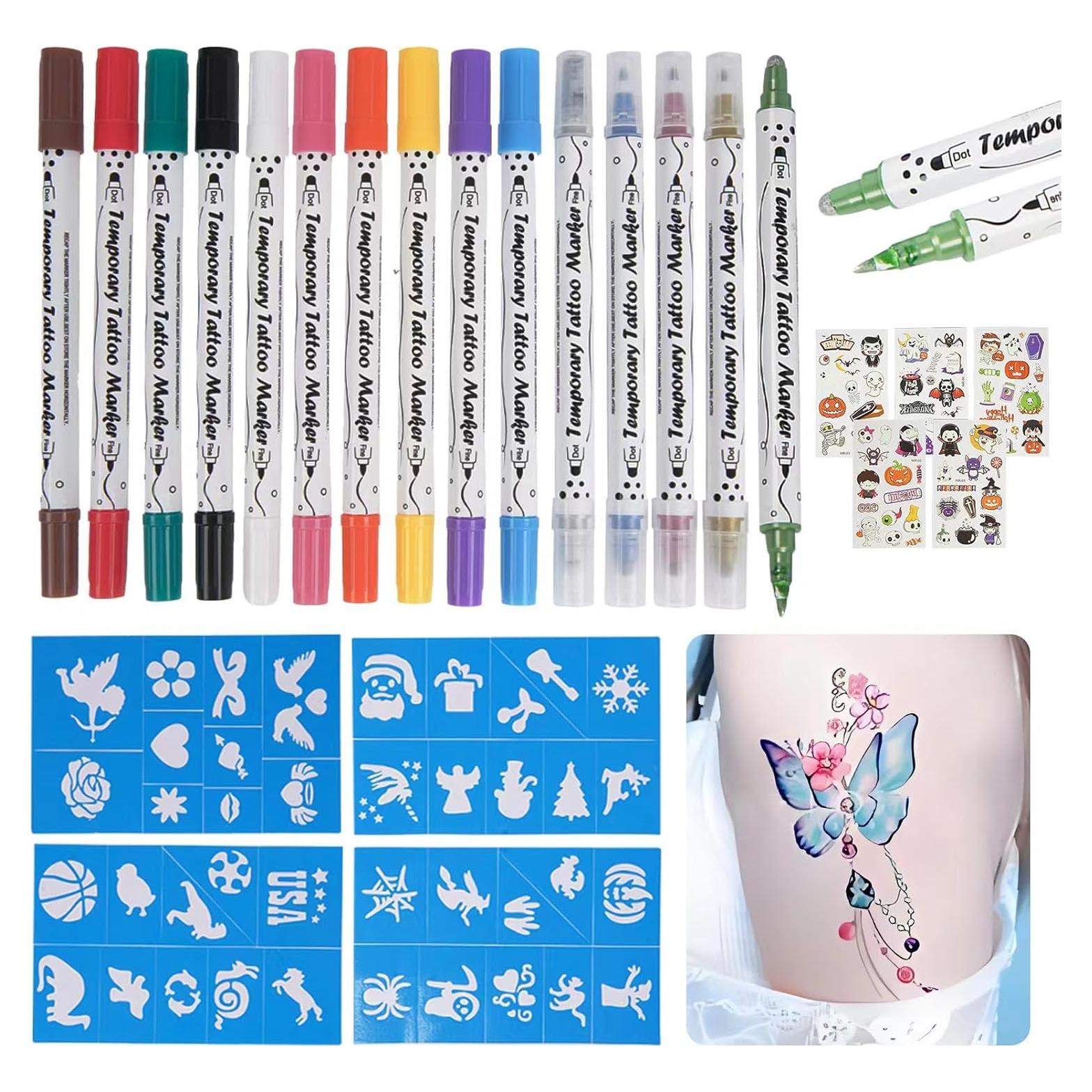 Kit de Marcadores de Tatuajes Temporales Funtigee - 15 Piezas + 4 Plantillas