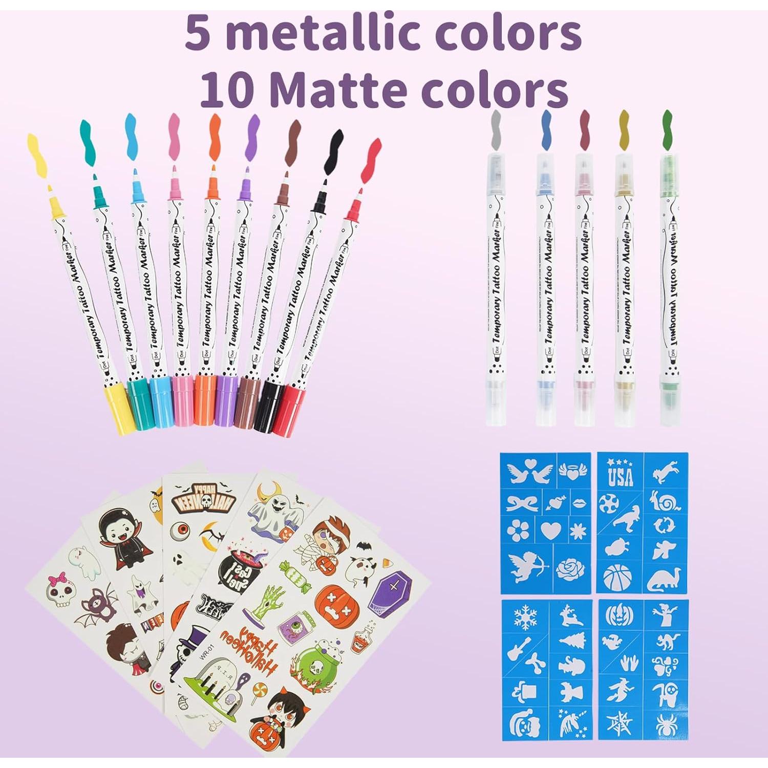 Kit de Marcadores de Tatuajes Temporales Funtigee - 15 Piezas + 4 Plantillas