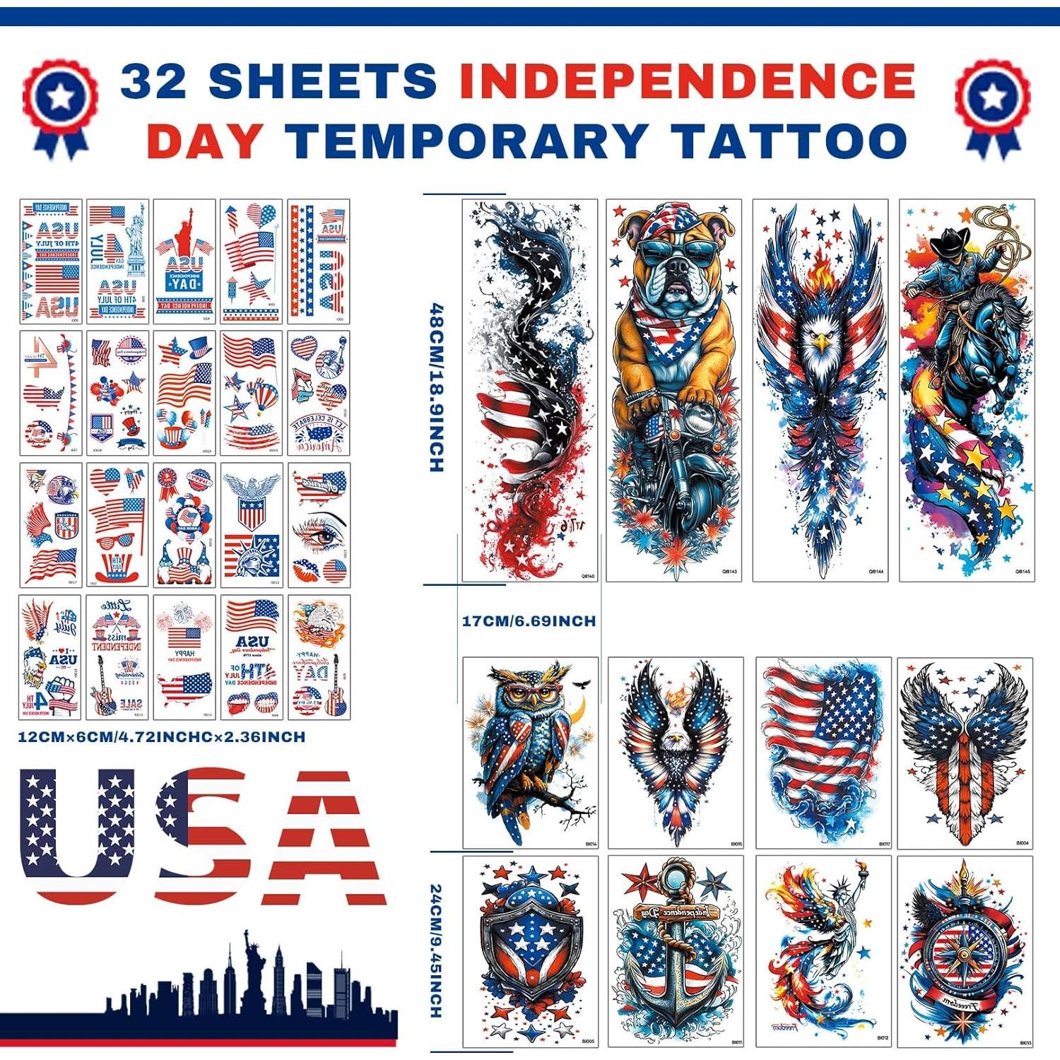 Tatuajes Temporales Patrióticos VERKSTAD - 32 Hojas 4 de Julio