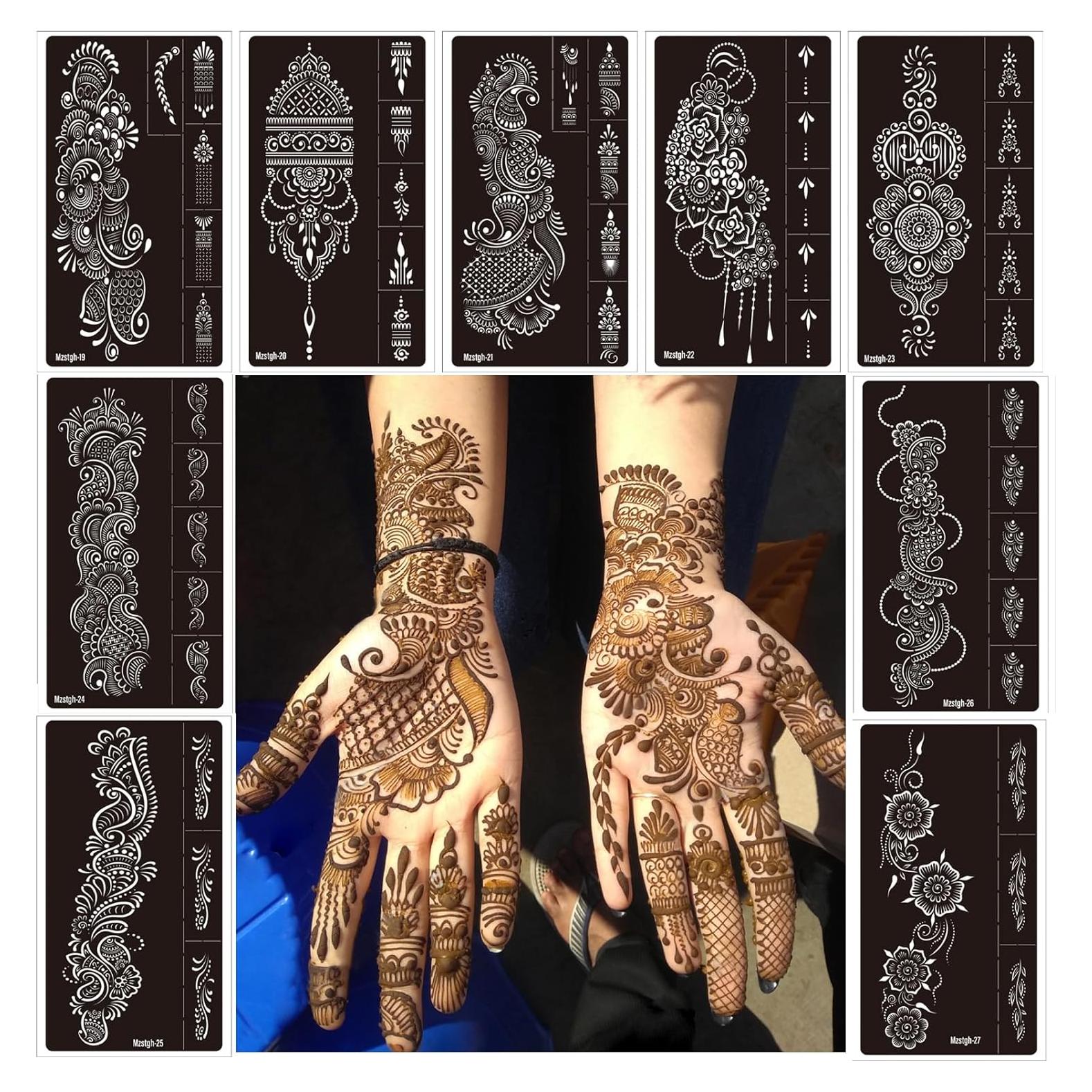Kit de Plantillas de Tatuajes Temporales de Henna Mzstgh - 9 Hojas
