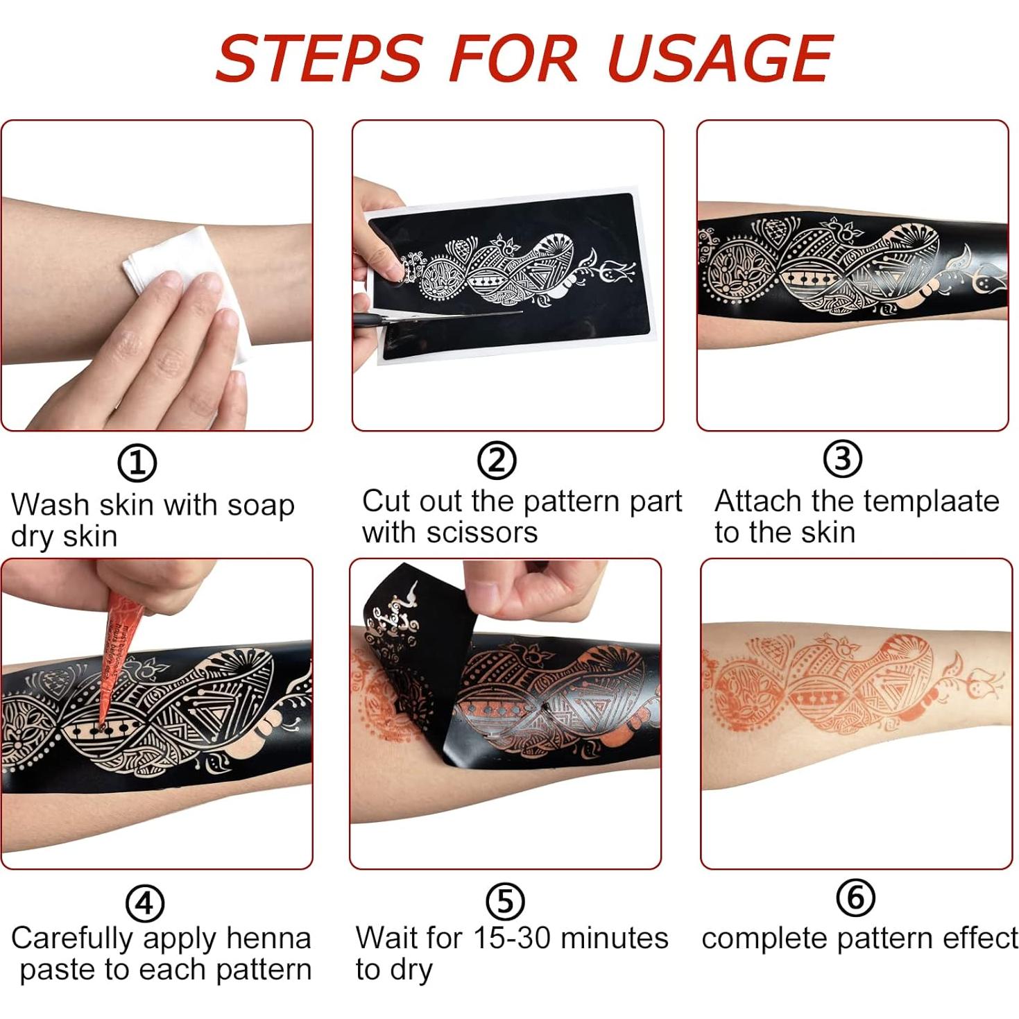 Kit de Plantillas de Tatuajes Temporales de Henna Mzstgh - 9 Hojas