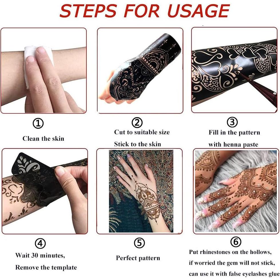 Kit de Plantillas de Tatuaje de Henna QSTOHENA - 12 Hojas Reutilizables