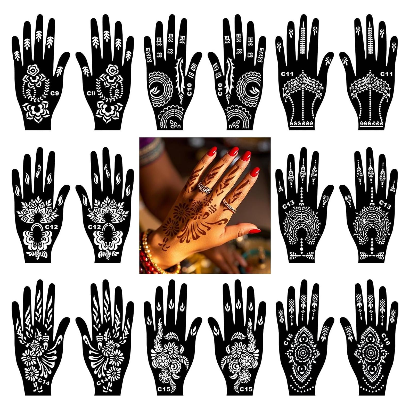 Kit de Plantillas de Tatuaje de Henna 16 Hojas Reutilizables