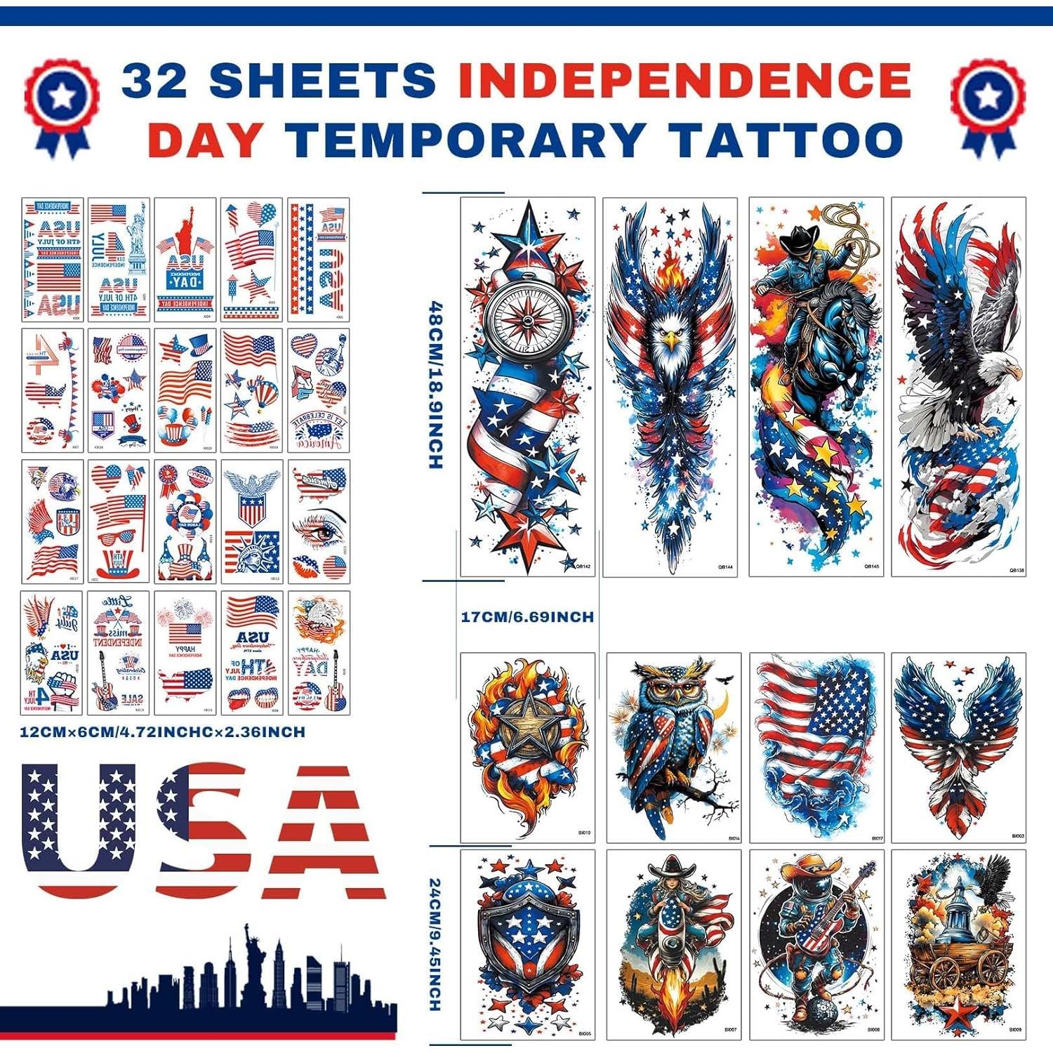 Tatuajes Temporales Patrióticos VERKSTAD - 32 Hojas Impermeables