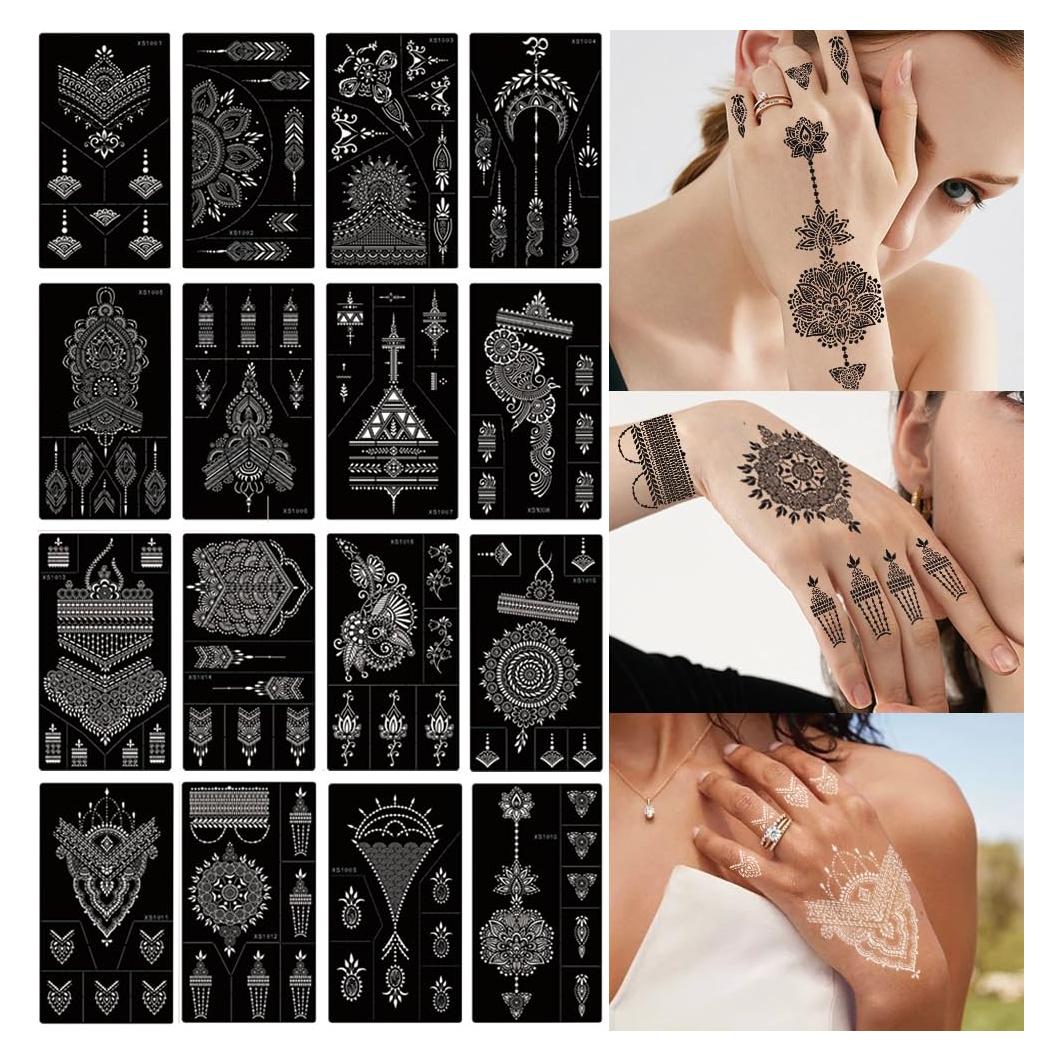 Kit de 16 Hojas de Tatuajes Temporales XMASIR - Plantillas Reutilizables de Henna
