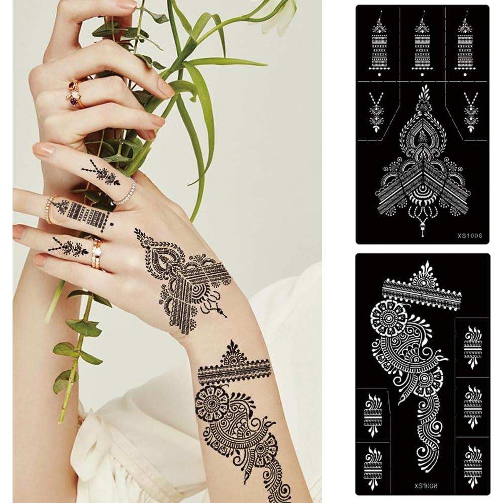 Kit de 16 Hojas de Tatuajes Temporales XMASIR - Plantillas Reutilizables de Henna
