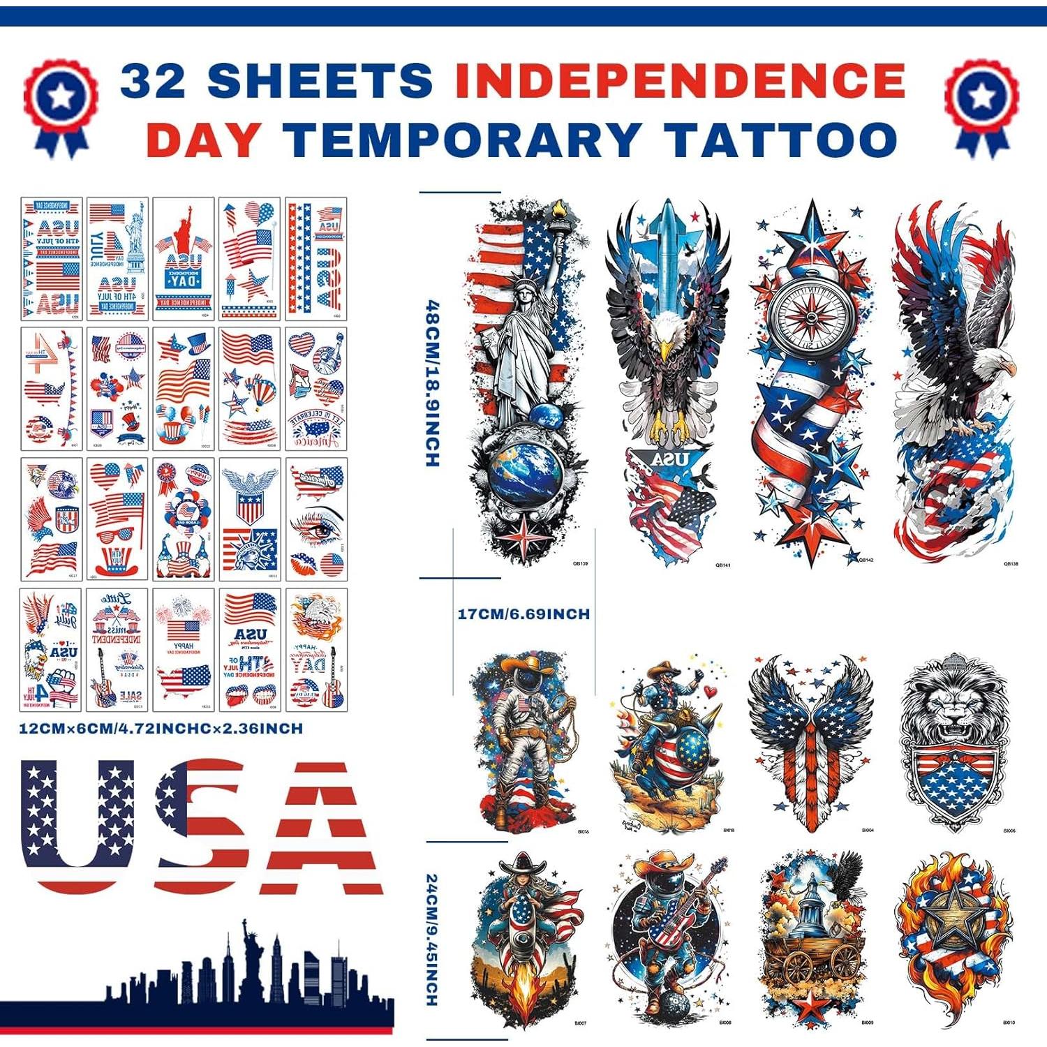 Tatuajes Temporales Patrióticos VERKSTAD 32 Hojas 4 de Julio