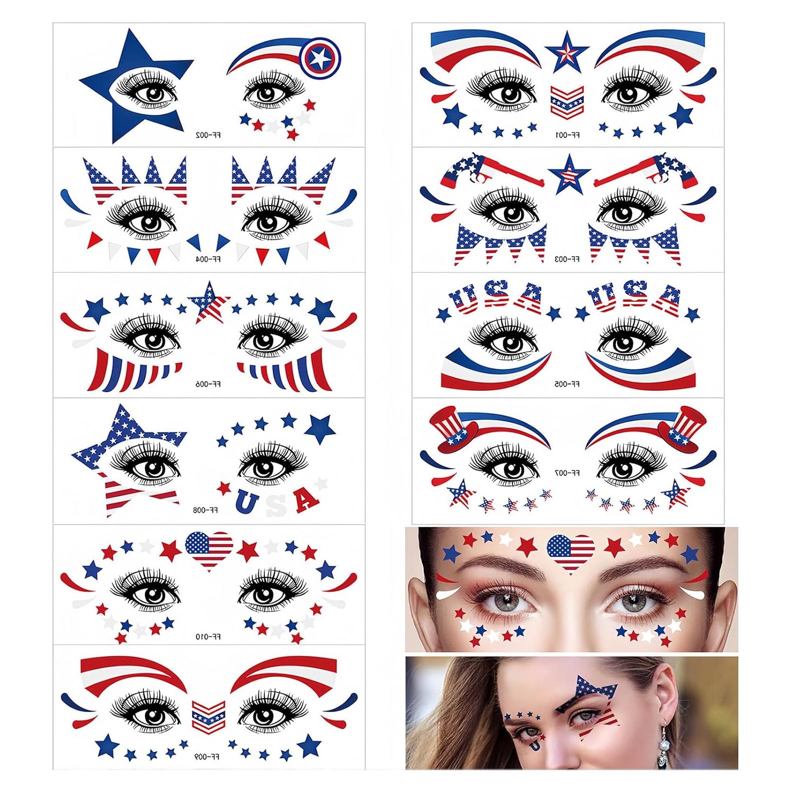 10 Hojas Tatuajes Temporales Patrióticos HIFANMM 4 de Julio