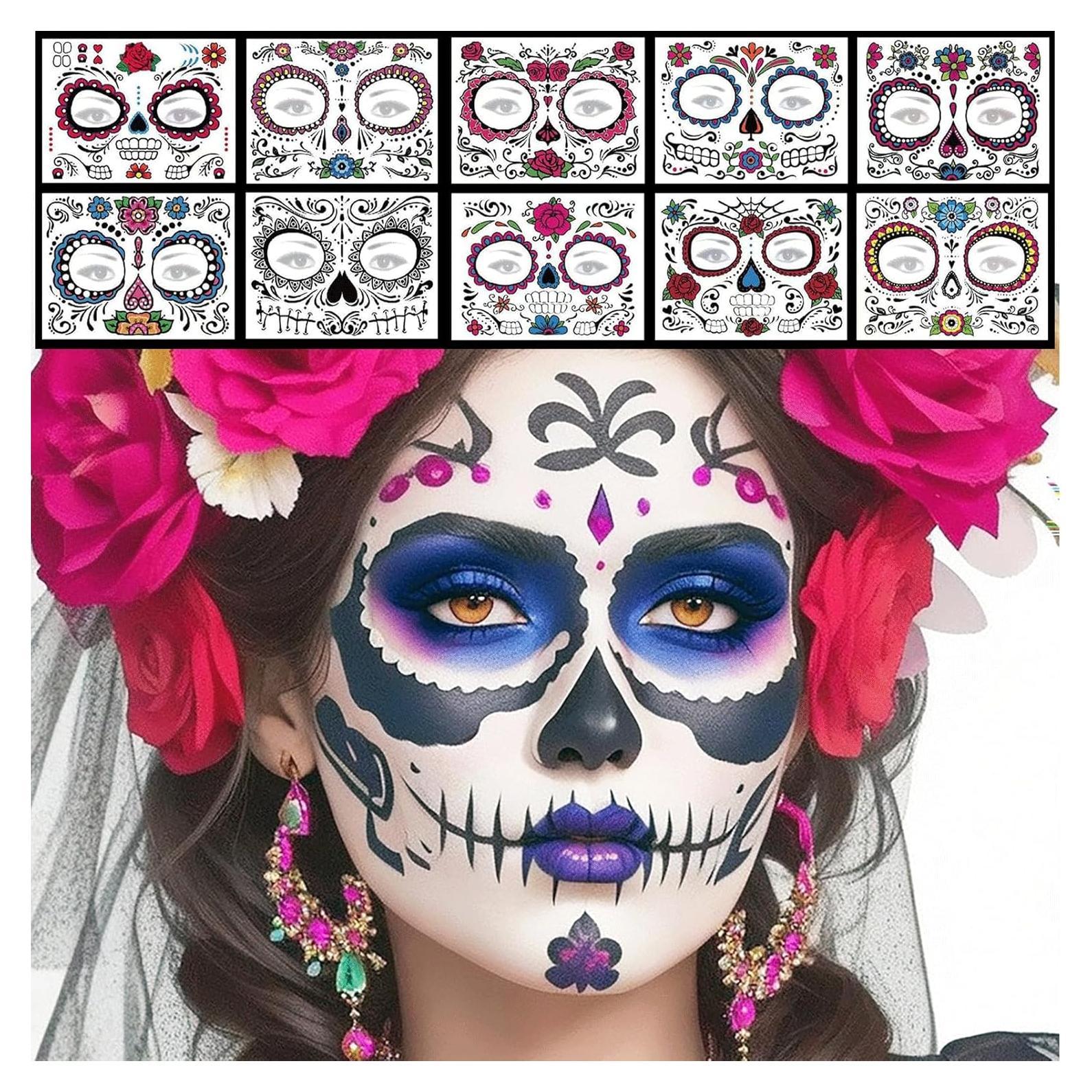 Tatuajes Faciales Temporales ChurlChurl Día de los Muertos - 10 Piezas