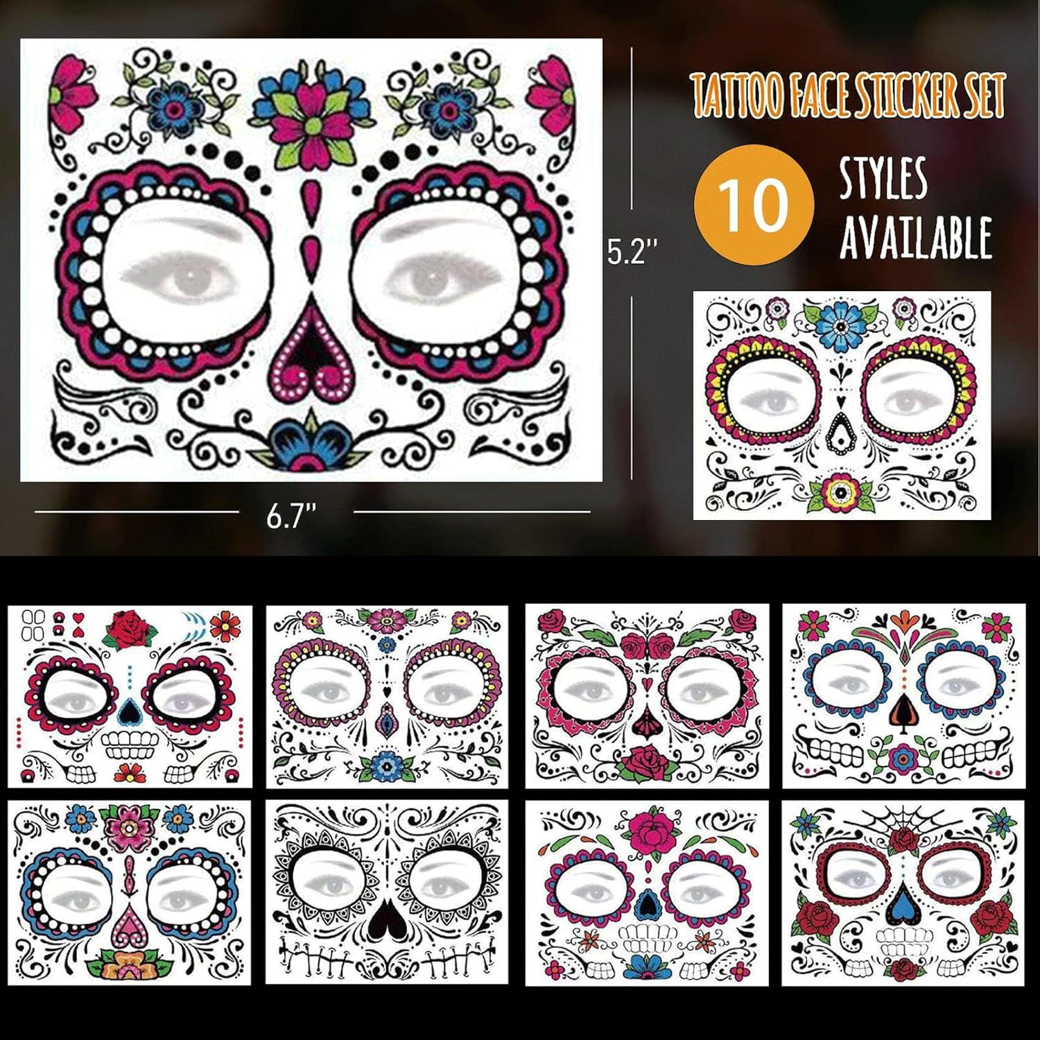 Tatuajes Faciales Temporales ChurlChurl Día de los Muertos - 10 Piezas