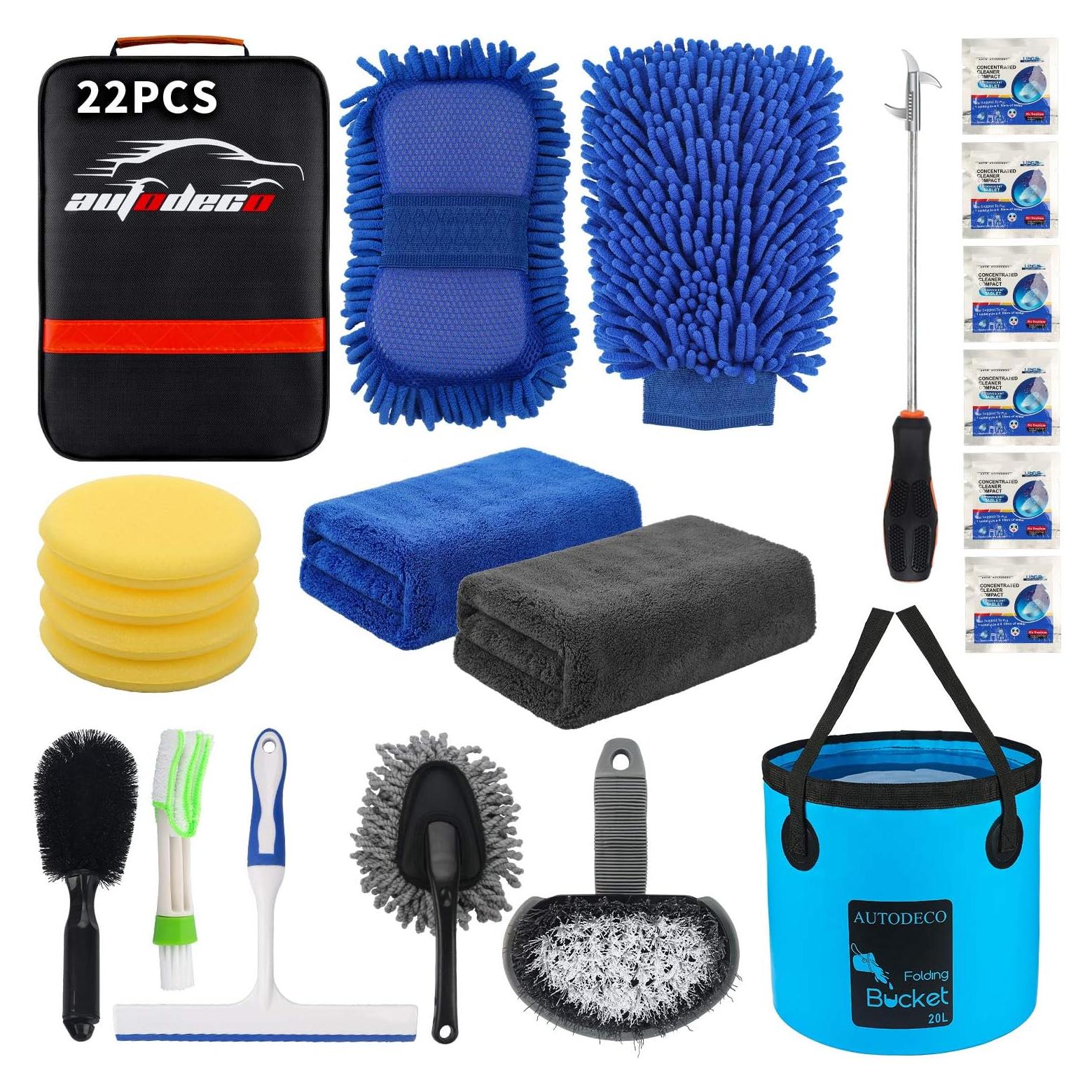 Kit de Limpieza para Autos AUTODECO 22 Piezas con Cubo Plegable
