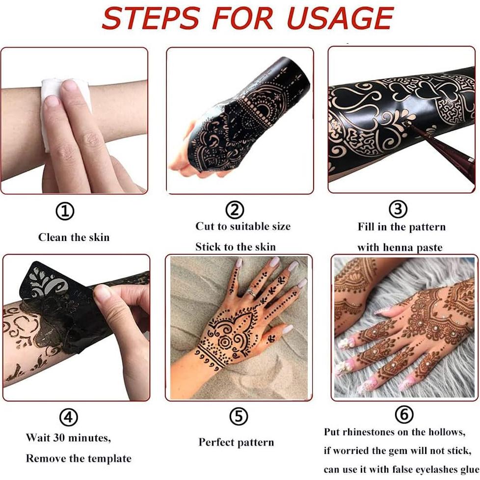 Kit de Plantillas de Tatuaje de Henna QSTOHENA 14 Hojas 19.3x10.4cm