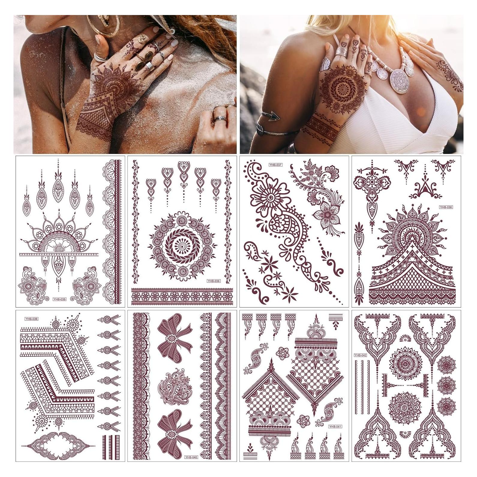 Kit de Tatuaje de Henna 8 Hojas Marrón para Mujeres y Niñas