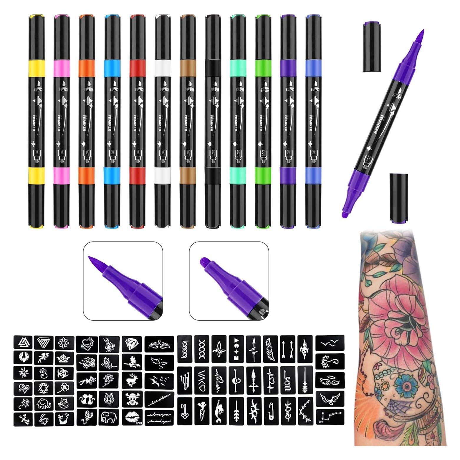Kit de Marcadores de Tatuajes Temporales Ponhey - 12 Colores + 67 Plantillas