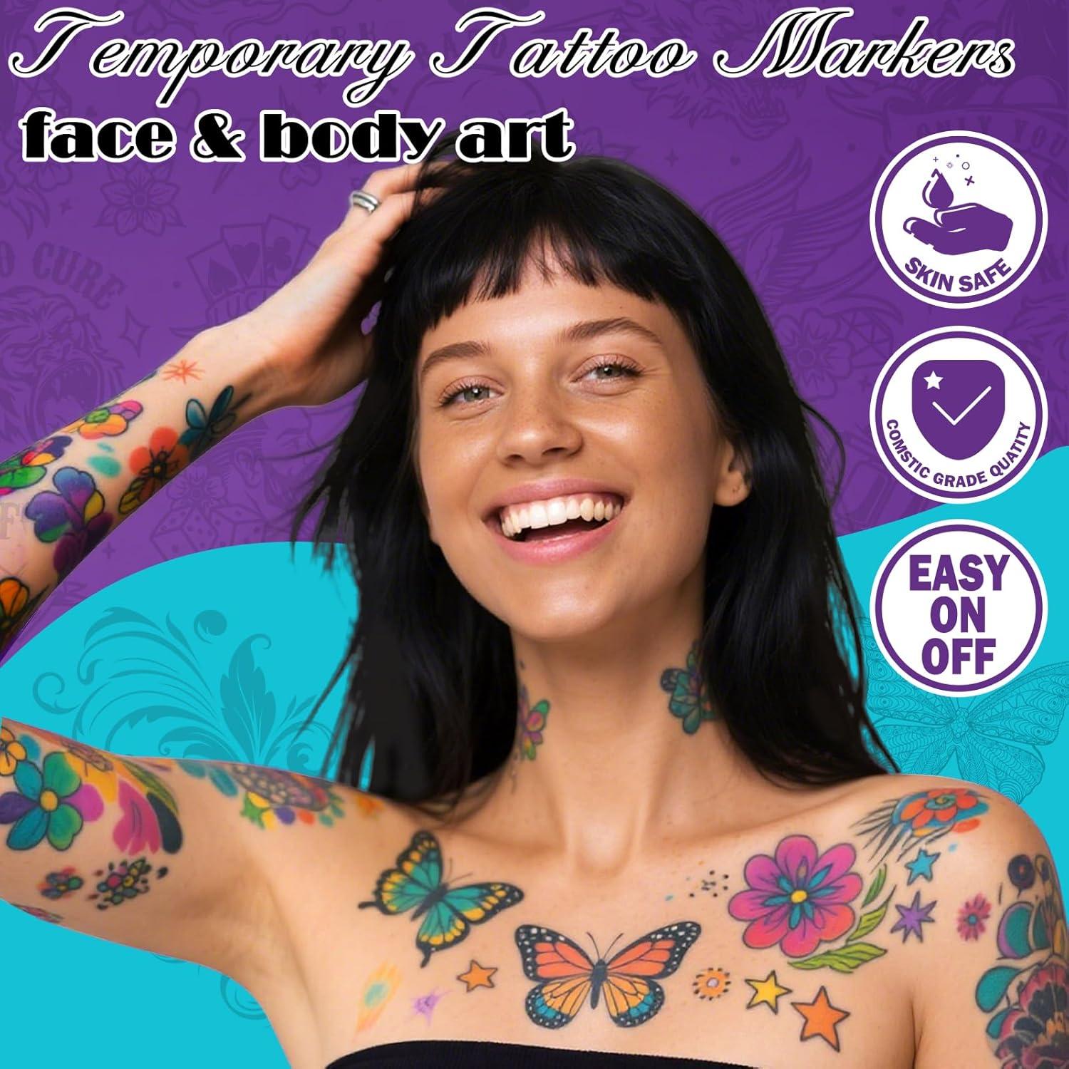 Kit de Marcadores de Tatuajes Temporales Ponhey - 12 Colores + 67 Plantillas