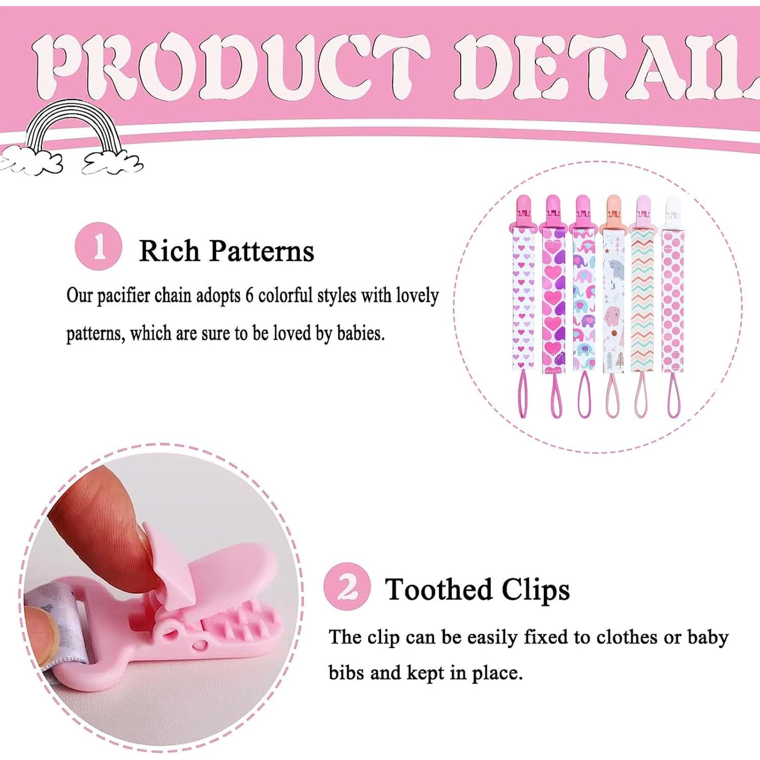 6 Clips de Chupete para Bebé Be Kind - Rosados y Blancos