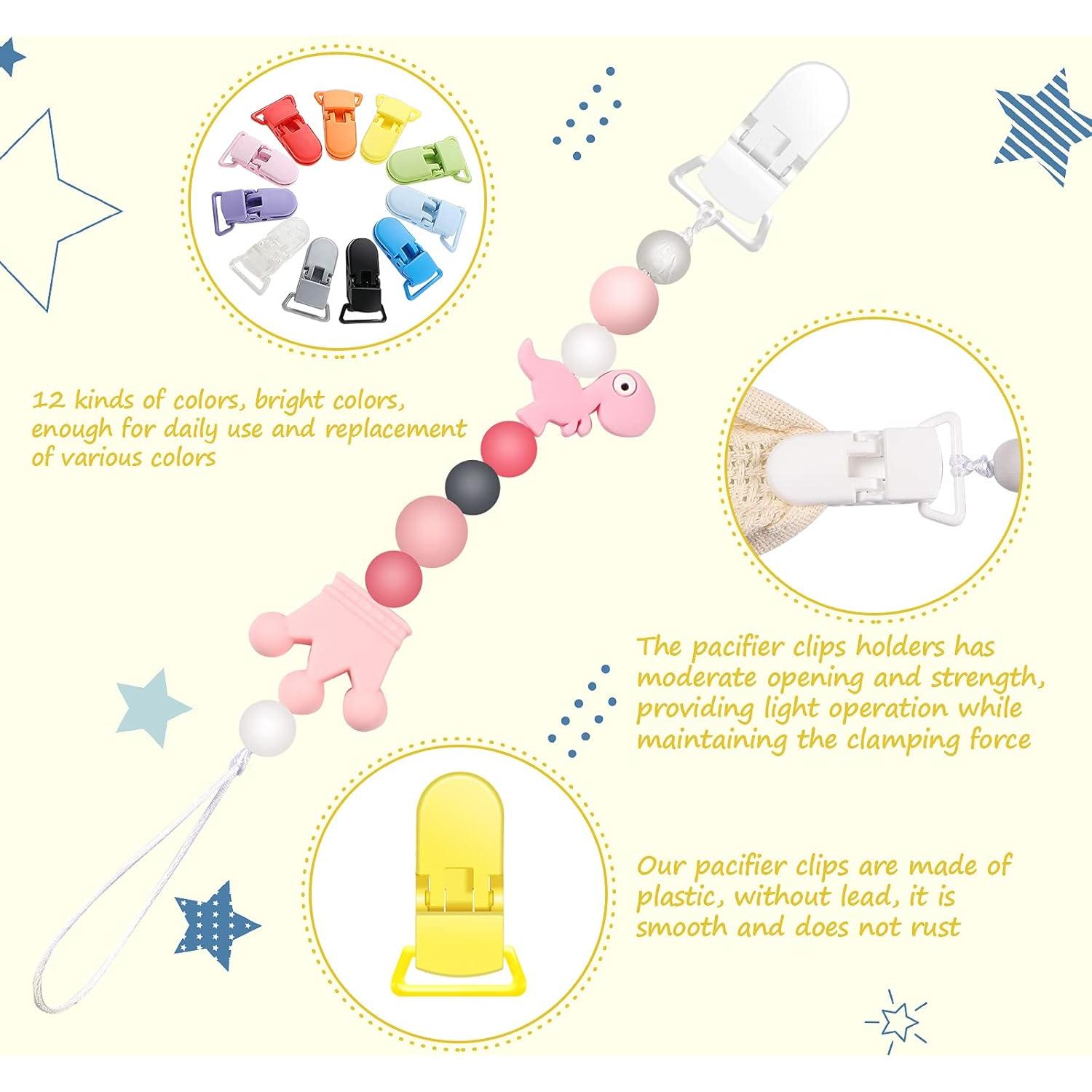 60 Clips Sujetadores de Chupetes Plástico Sin BPA 12 Colores