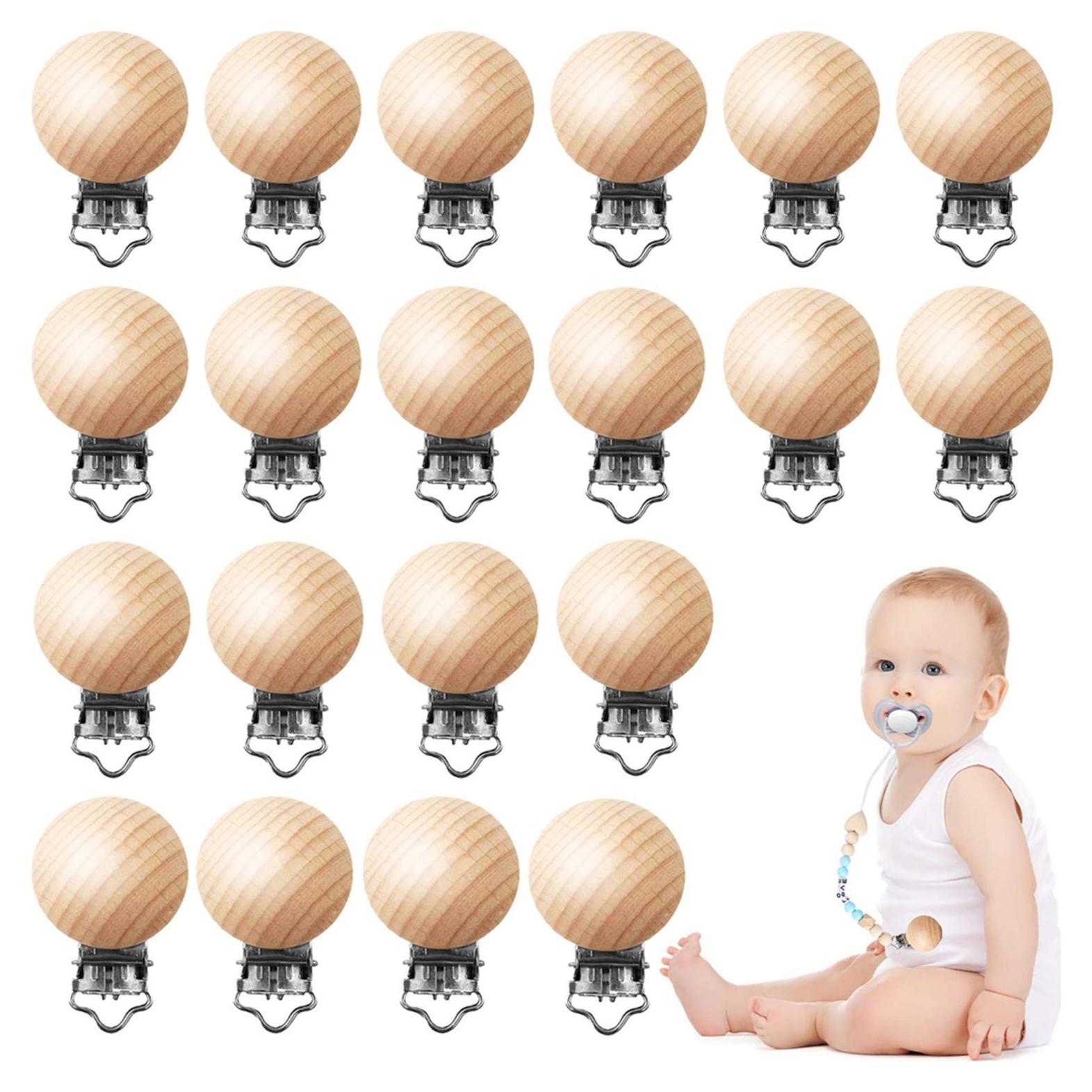 24 Clips de Chupete de Madera Natural para Bebés - W-24