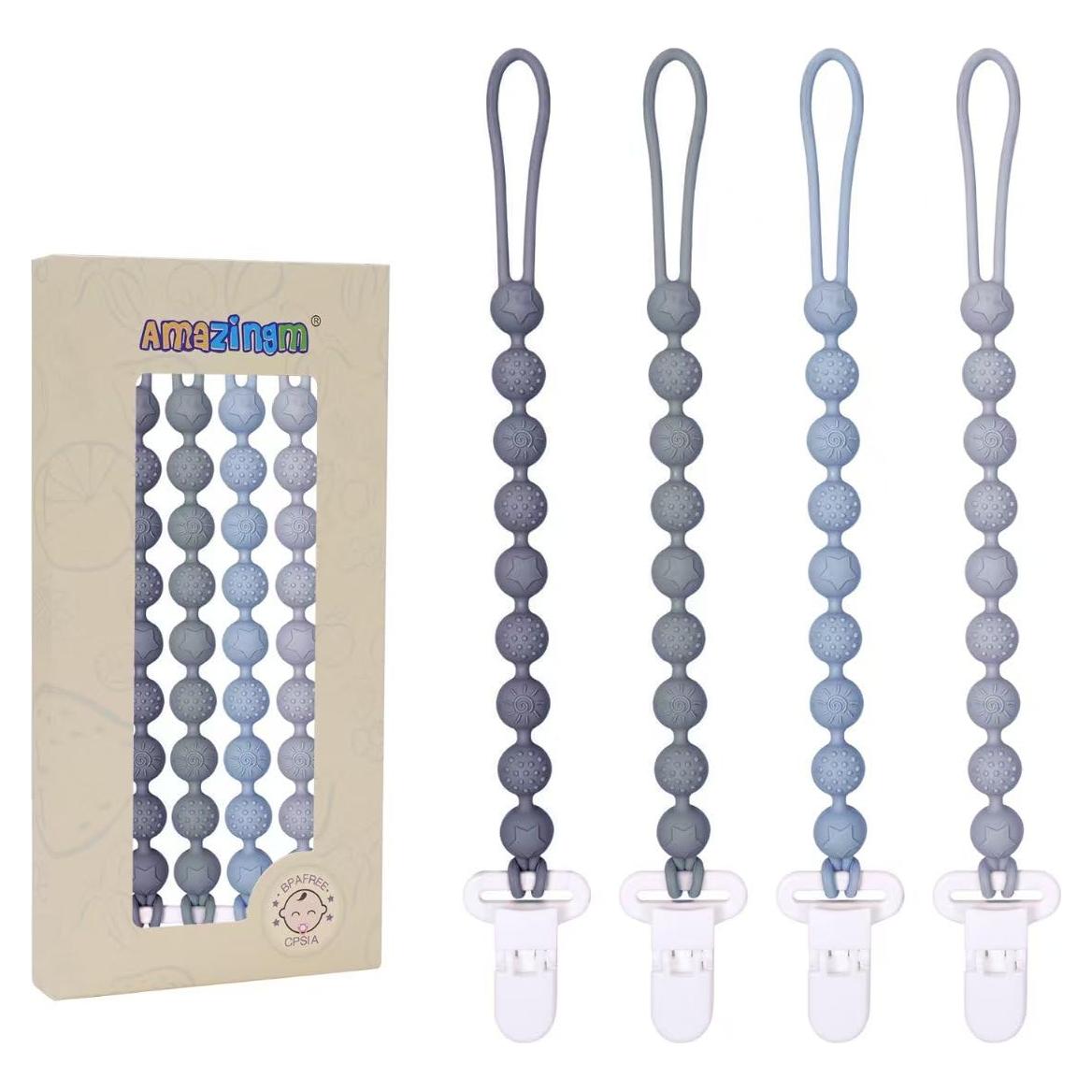 Clip Sostenedor Chupete Silicona Grises 4 Piezas Texturizadas