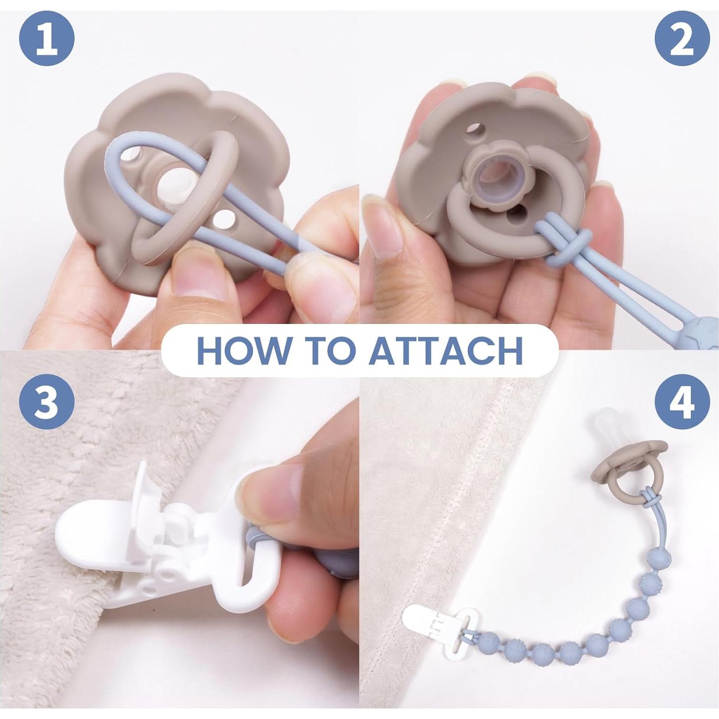 Clip Sostenedor Chupete Silicona Grises 4 Piezas Texturizadas