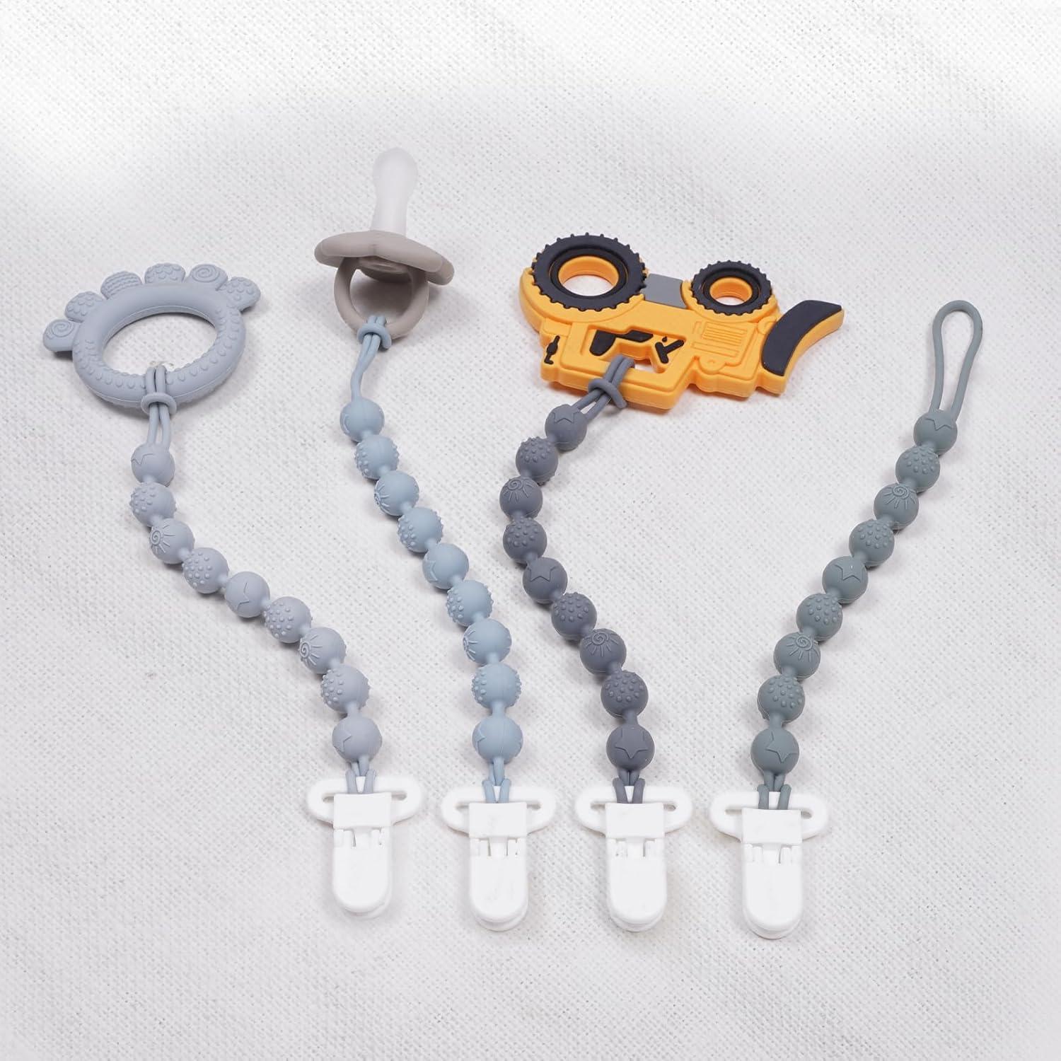 Clip Sostenedor Chupete Silicona Grises 4 Piezas Texturizadas