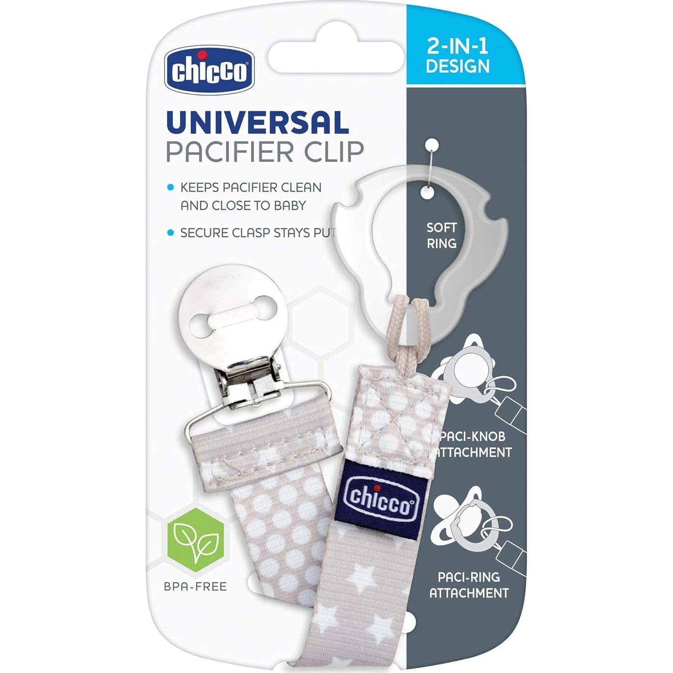 Clip Sujeta Chupete Universal Chicco Gris 2 en 1 para Bebé