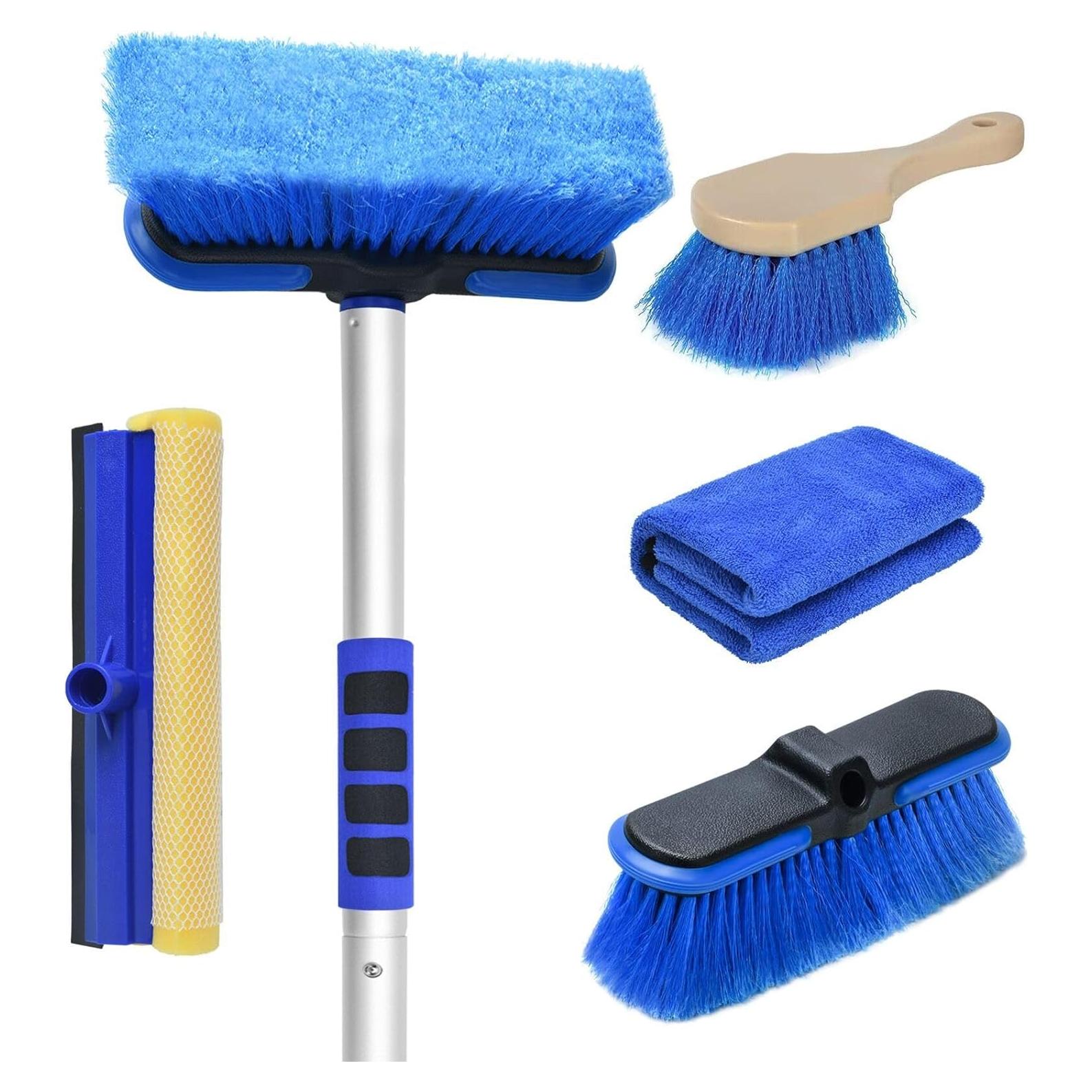 62'' Car Wash Brush with Long Handle, Scratch-Free Soft Bristles Sturdy Car Wash Mop, Extension Pole Cleaning Brush Kit Wash Towel Windshield Squeegee Wheel Tire Brush for Car Truck RV