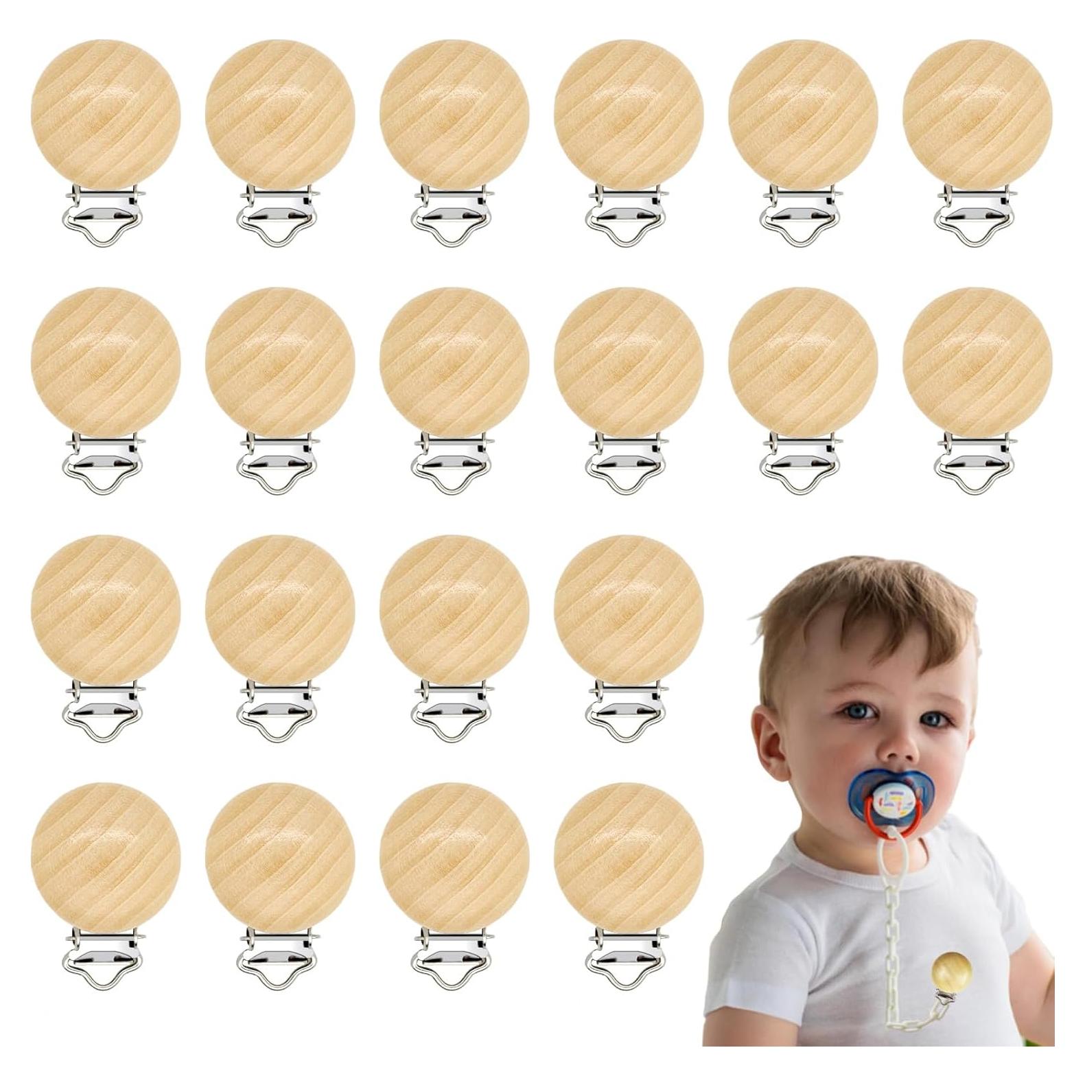 20 Clips de Chupete de Madera Natural para Bebés - Sostenedores DIY
