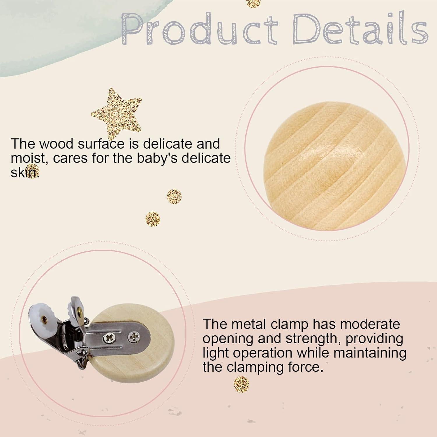 20 Clips de Chupete de Madera Natural para Bebés - Sostenedores DIY