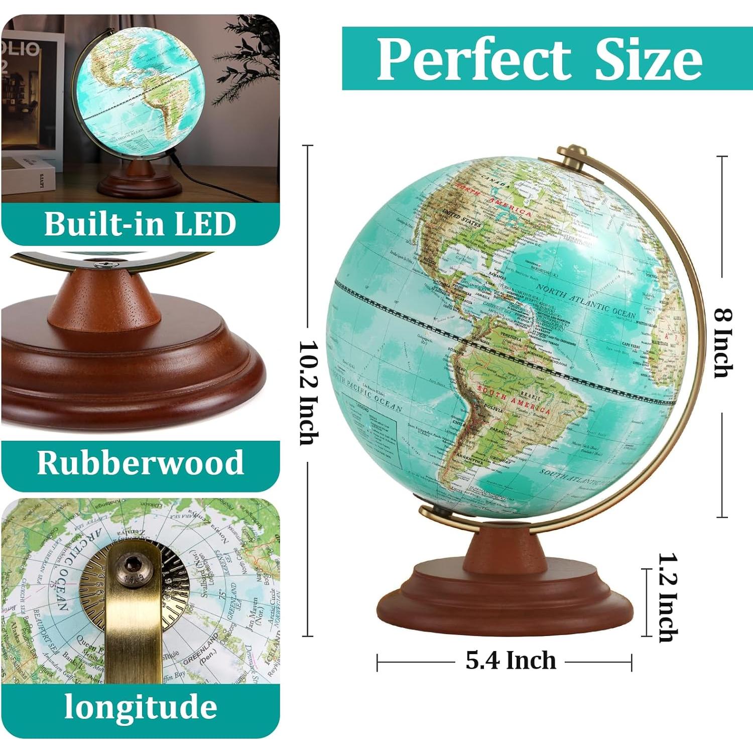 Globo Terráqueo Iluminado Jowhol 20cm con Luz LED y Soporte de Madera