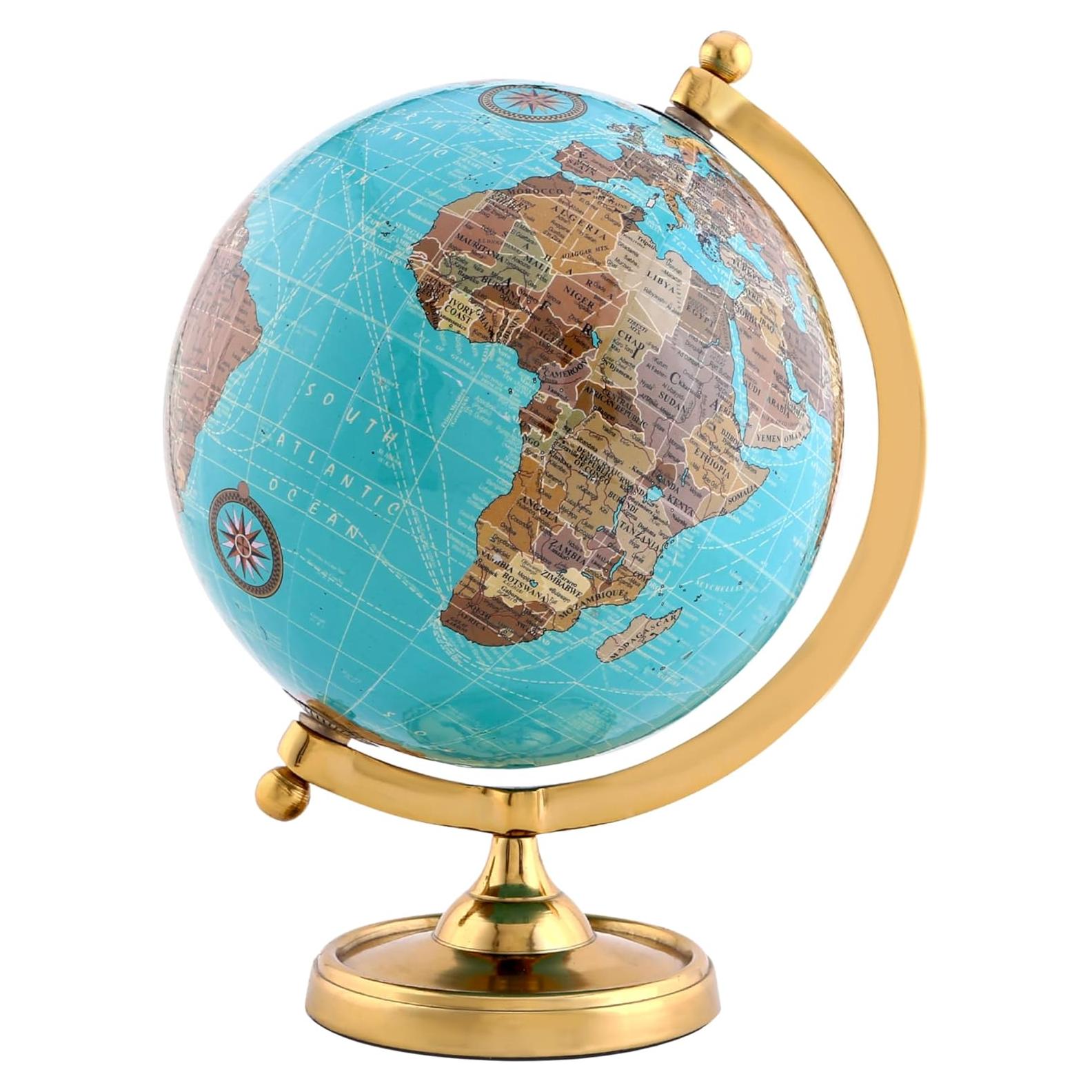 Globo Terráqueo Vintage Azul Claro 15.24 cm con Base Dorada