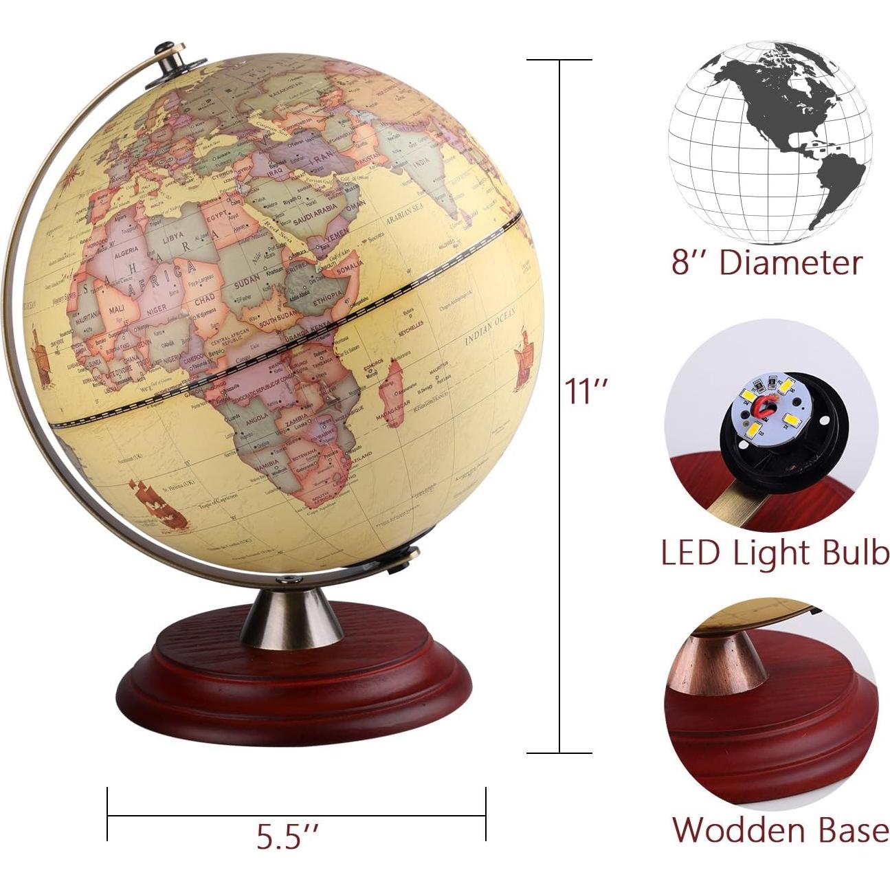 Globo Terráqueo Iluminado 20cm TTKTK con Base de Madera