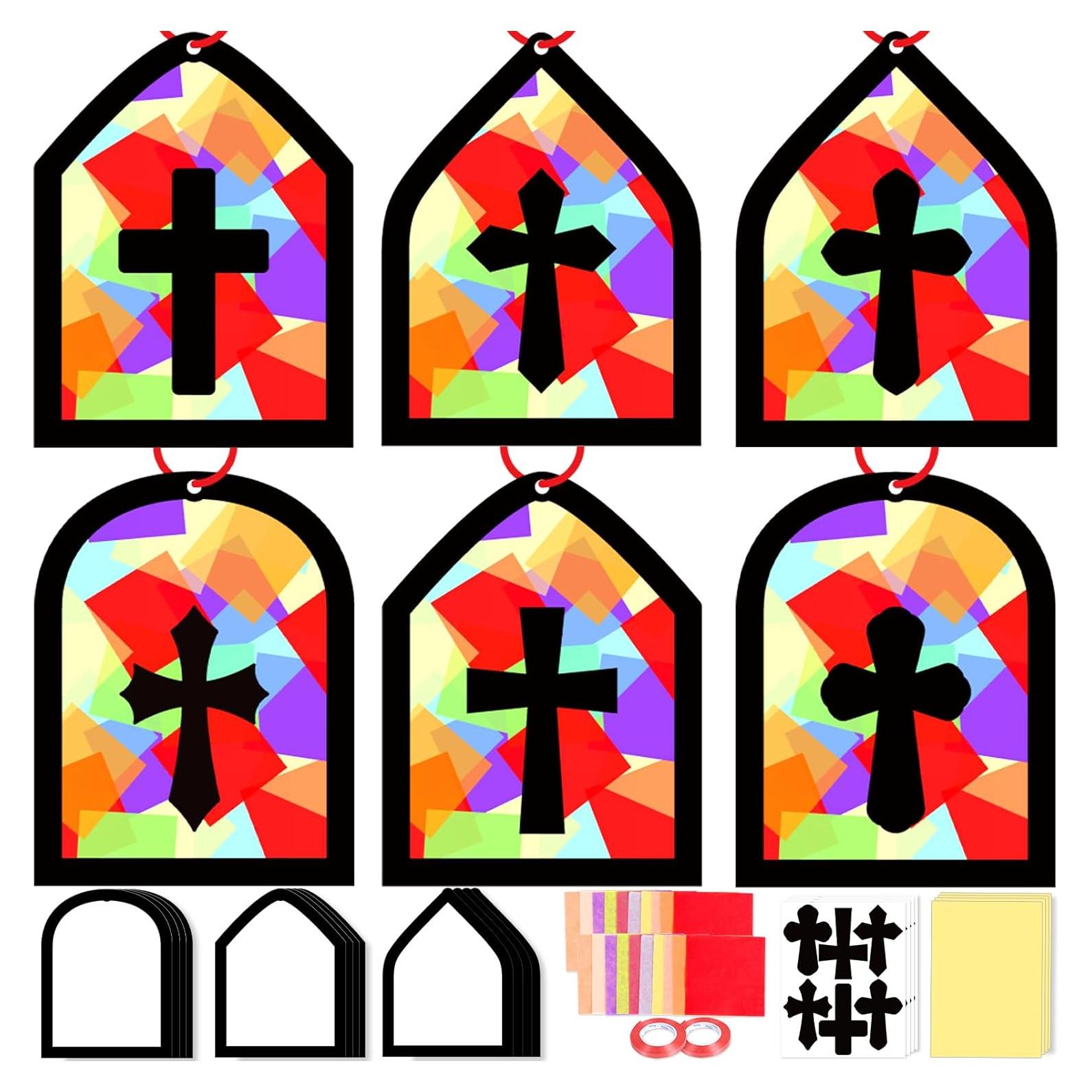 40PCS Sunday School VBS Crafts Bulk: Paper Cross Nativity Suncatchers, Jesus Religious Christian Classroom Camping Activity DIY Kits Gifts Church Decorations, Window Stained Glass Effect Art Supplies