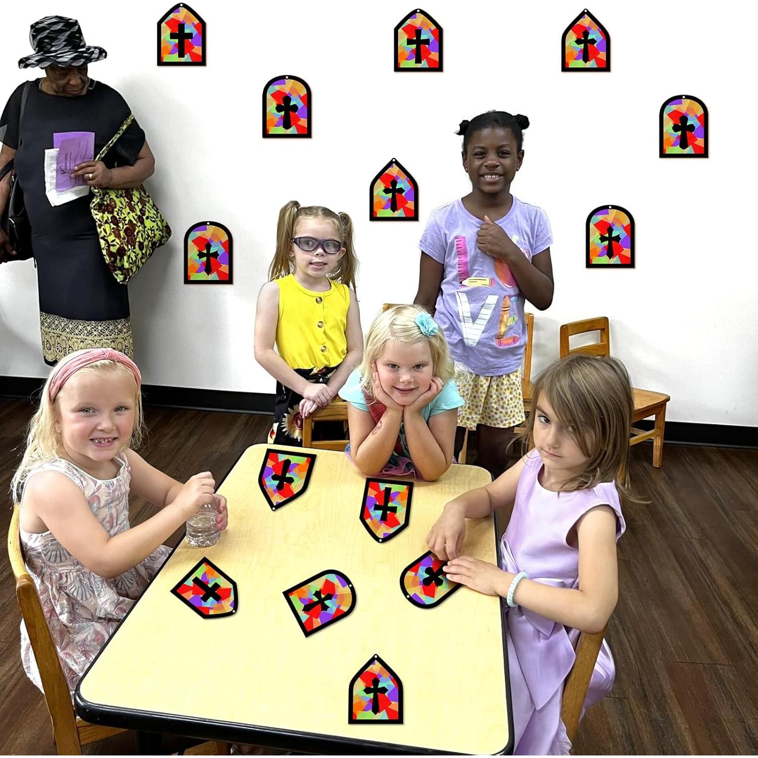 40PCS Sunday School VBS Crafts Bulk: Paper Cross Nativity Suncatchers, Jesus Religious Christian Classroom Camping Activity DIY Kits Gifts Church Decorations, Window Stained Glass Effect Art Supplies