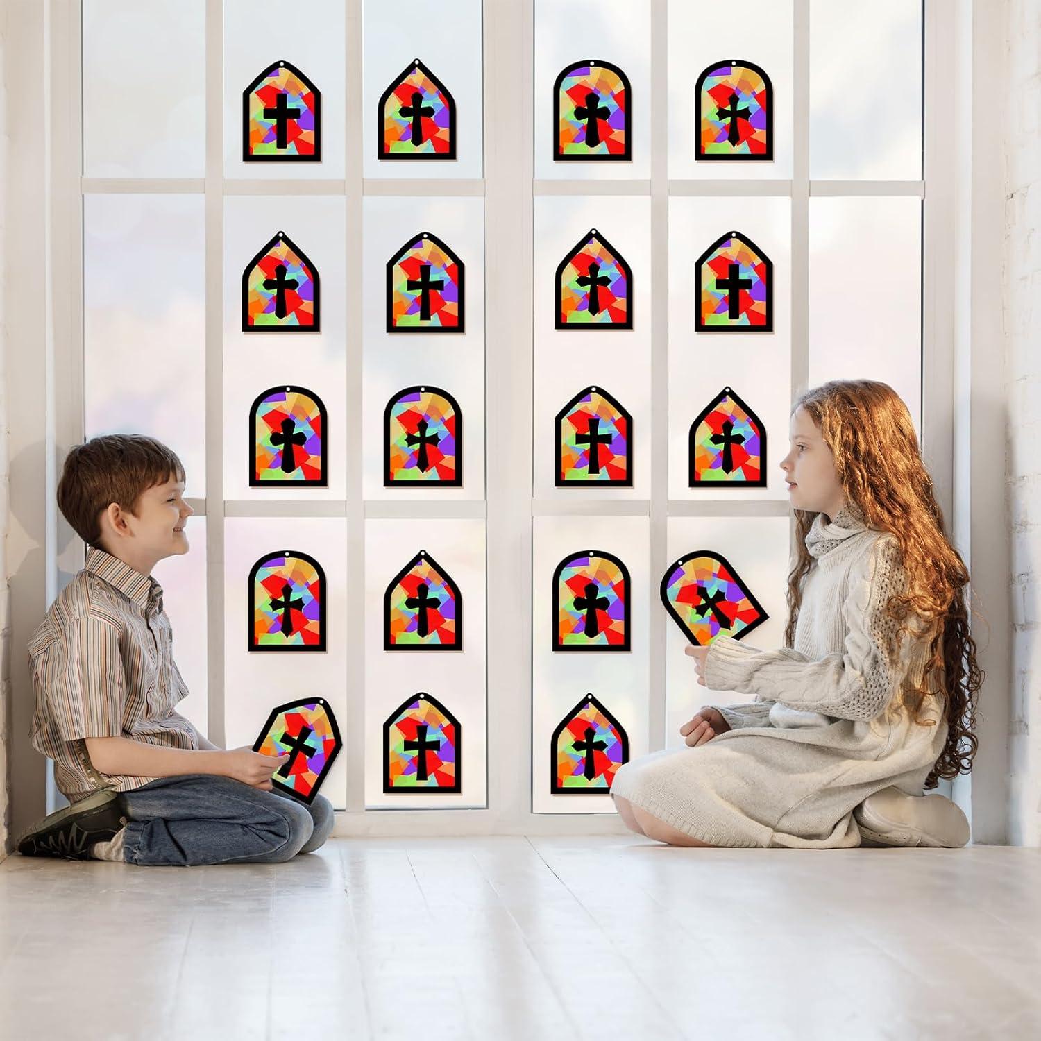 40PCS Sunday School VBS Crafts Bulk: Paper Cross Nativity Suncatchers, Jesus Religious Christian Classroom Camping Activity DIY Kits Gifts Church Decorations, Window Stained Glass Effect Art Supplies