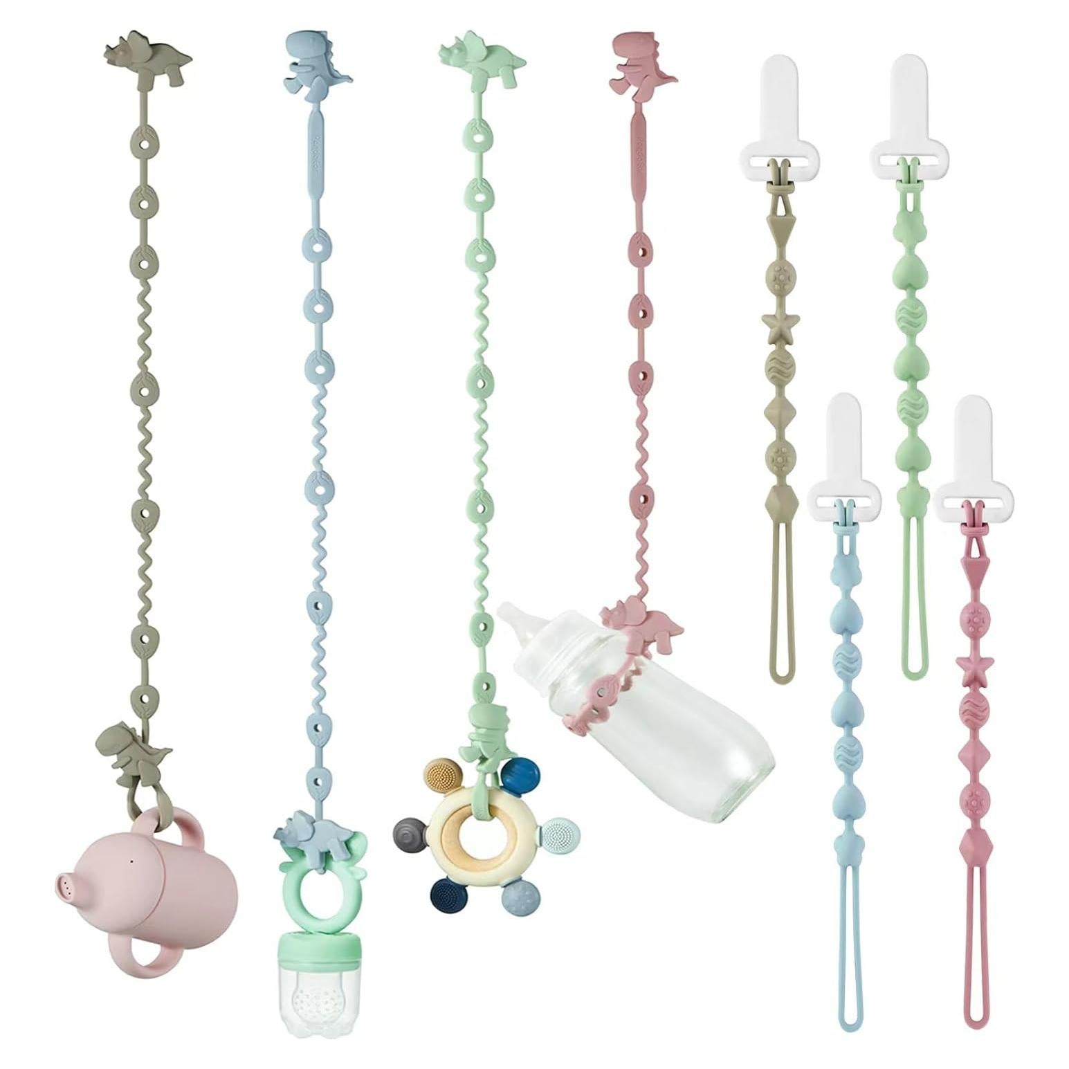 PandaEar 8 Pack Correas y Clips de Chupete Silicona Dinosaurio