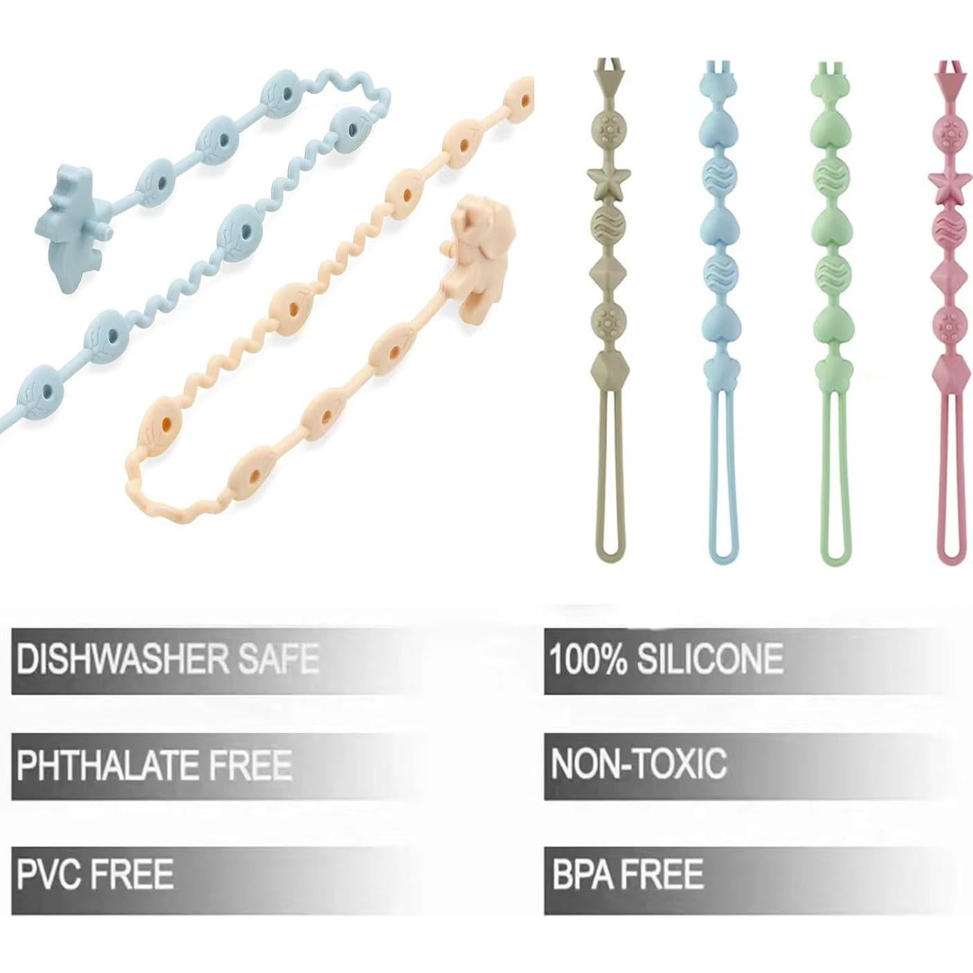 PandaEar 8 Pack Correas y Clips de Chupete Silicona Dinosaurio