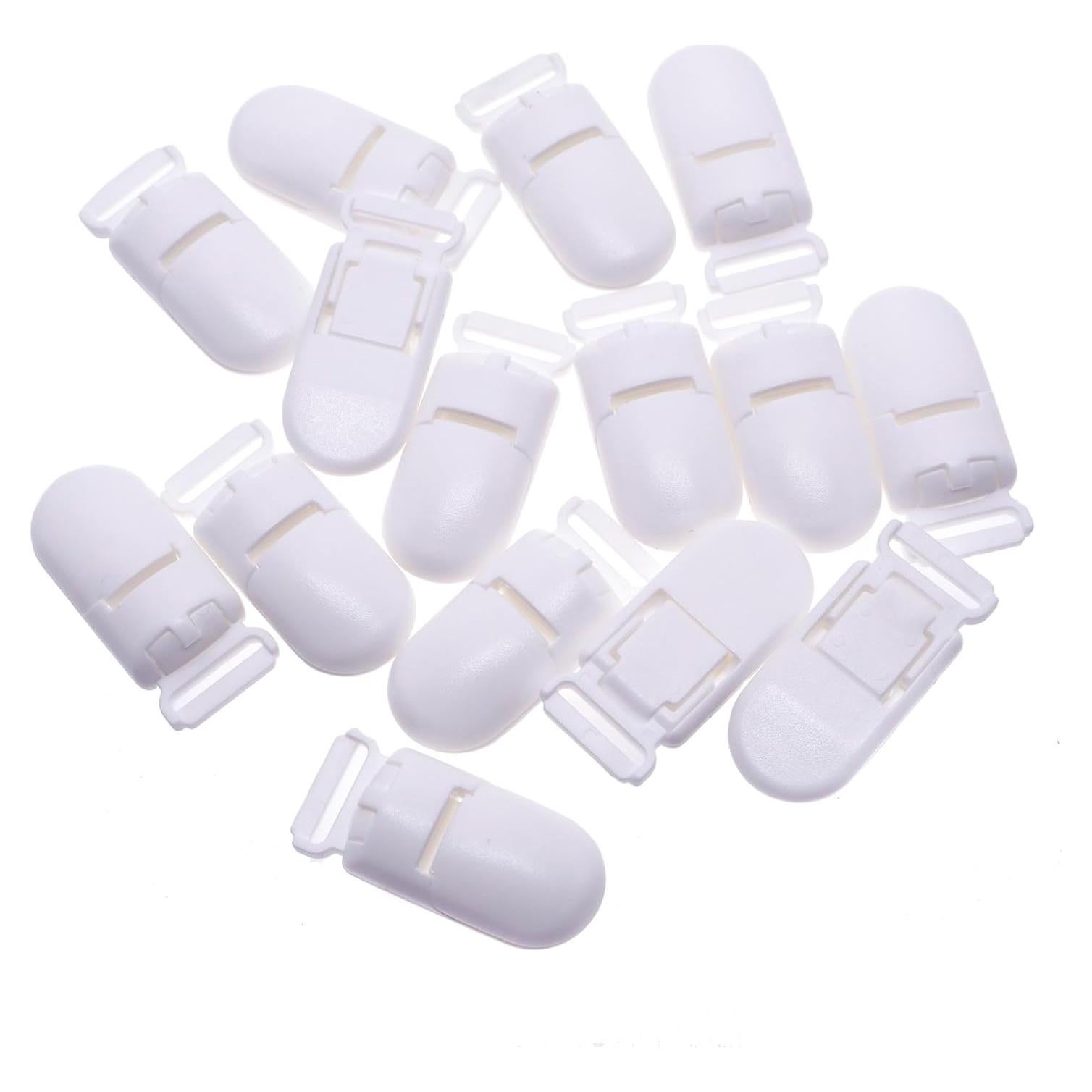 15 Clips de Chupete de Plástico Blanco 40mm para Bebé
