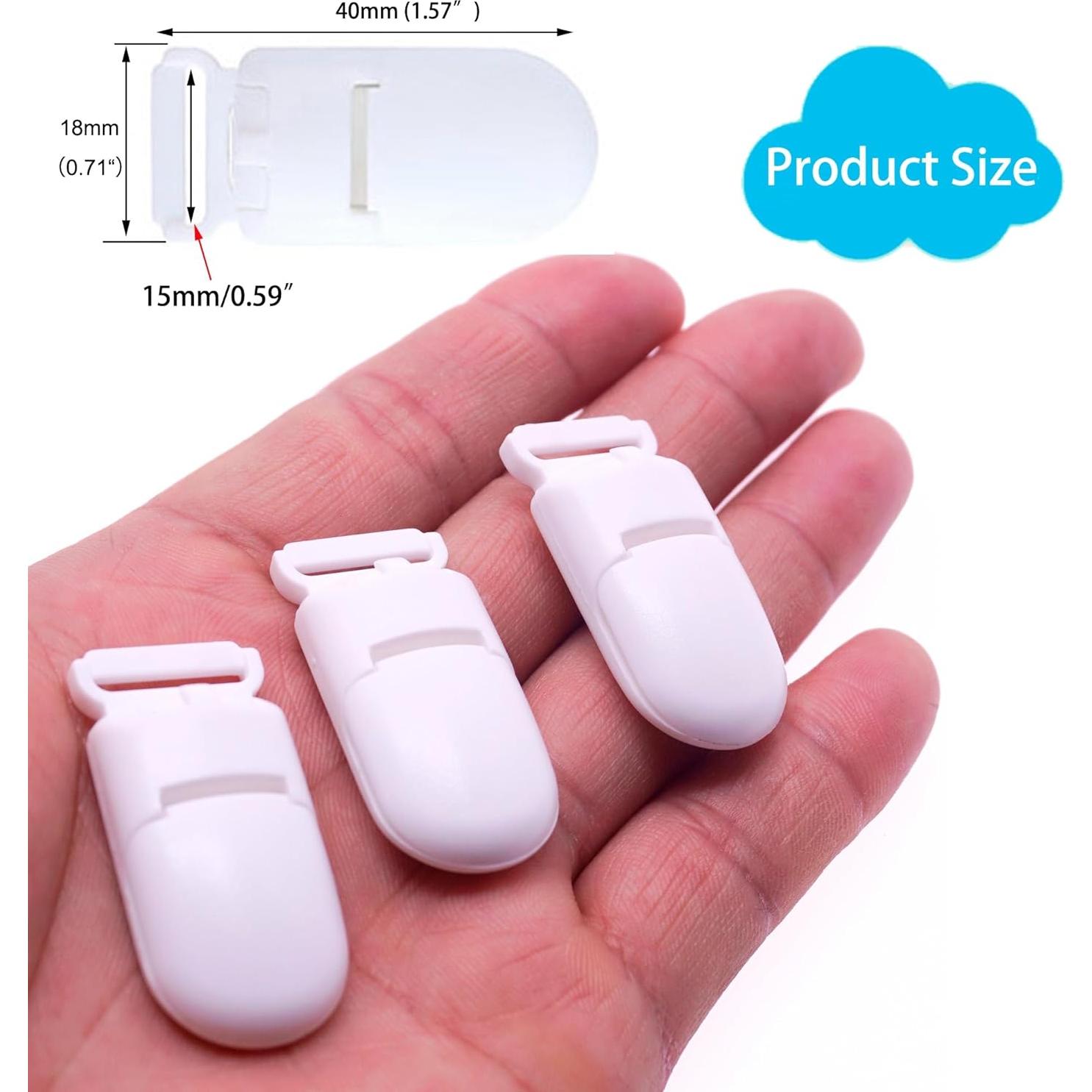15 Clips de Chupete de Plástico Blanco 40mm para Bebé