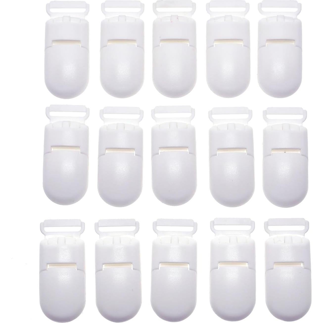15 Clips de Chupete de Plástico Blanco 40mm para Bebé