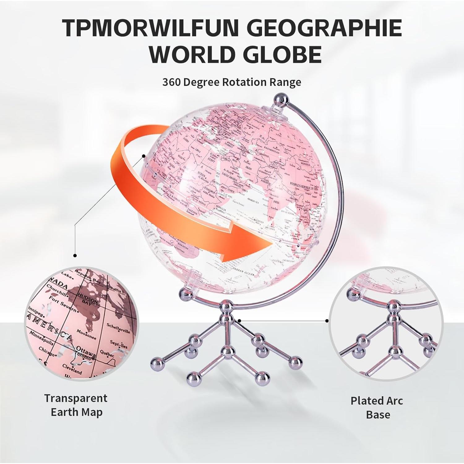 Globo Terráqueo Rosa 20 cm con Soporte de Metal - Decoración y Aprendizaje