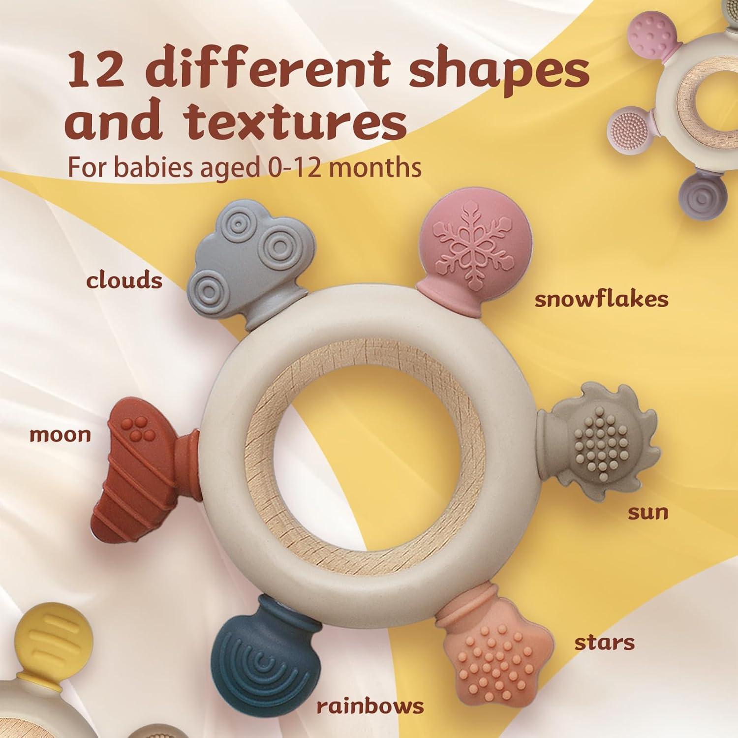 3 Anillos de Dentición para Bebés - Silicona y Madera - Gris