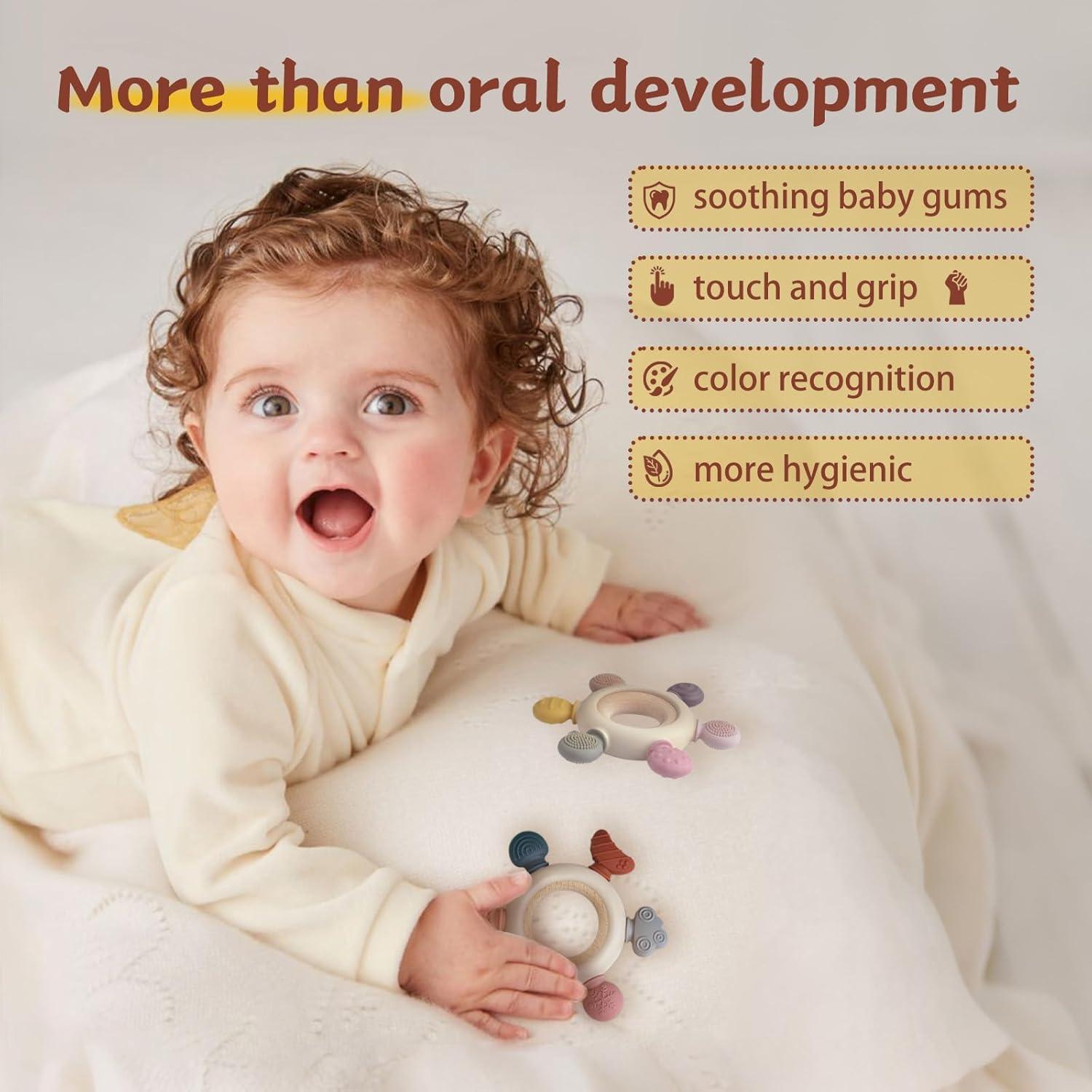 3 Anillos de Dentición para Bebés - Silicona y Madera - Gris