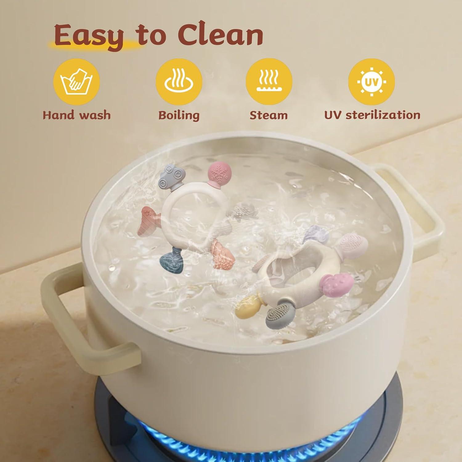 3 Anillos de Dentición para Bebés - Silicona y Madera - Gris