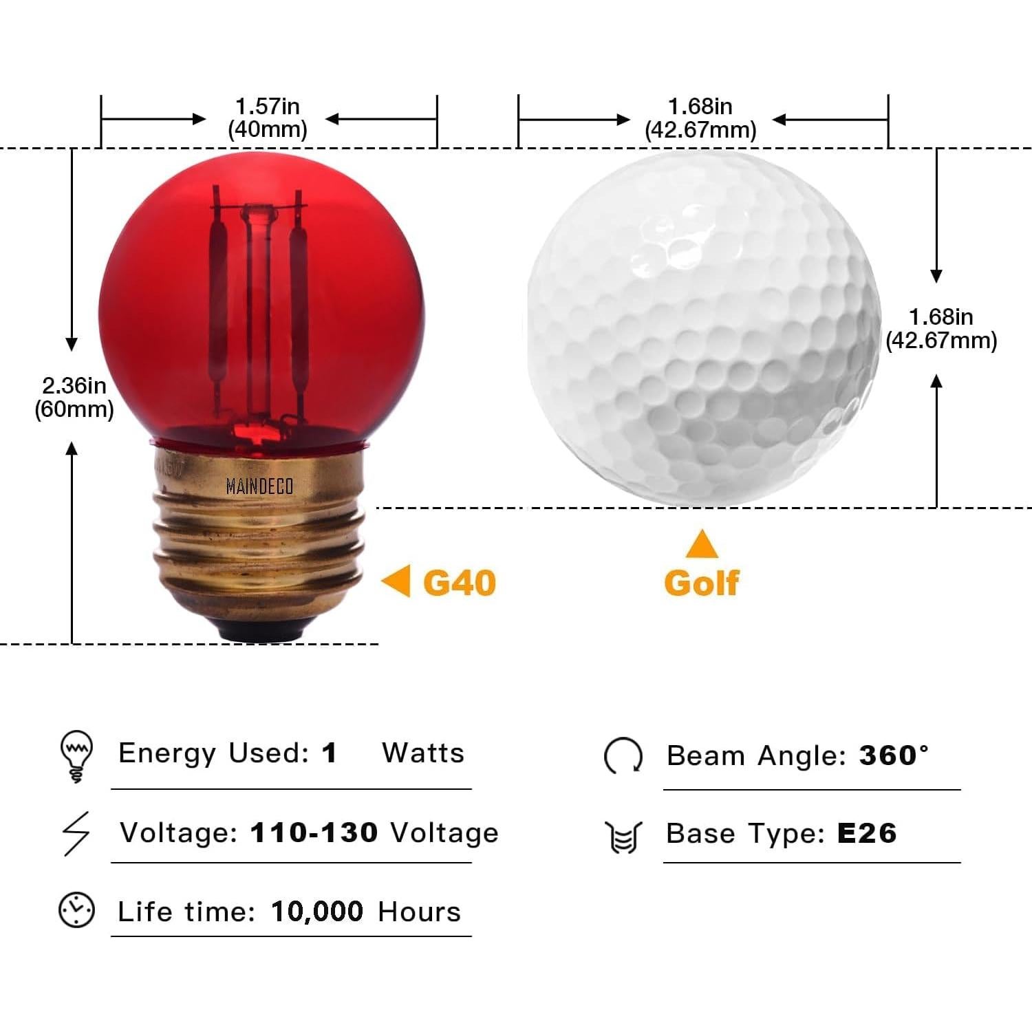 Bombilla LED G40 E26 Roja 1W 90 Lúmenes Paquete de 6