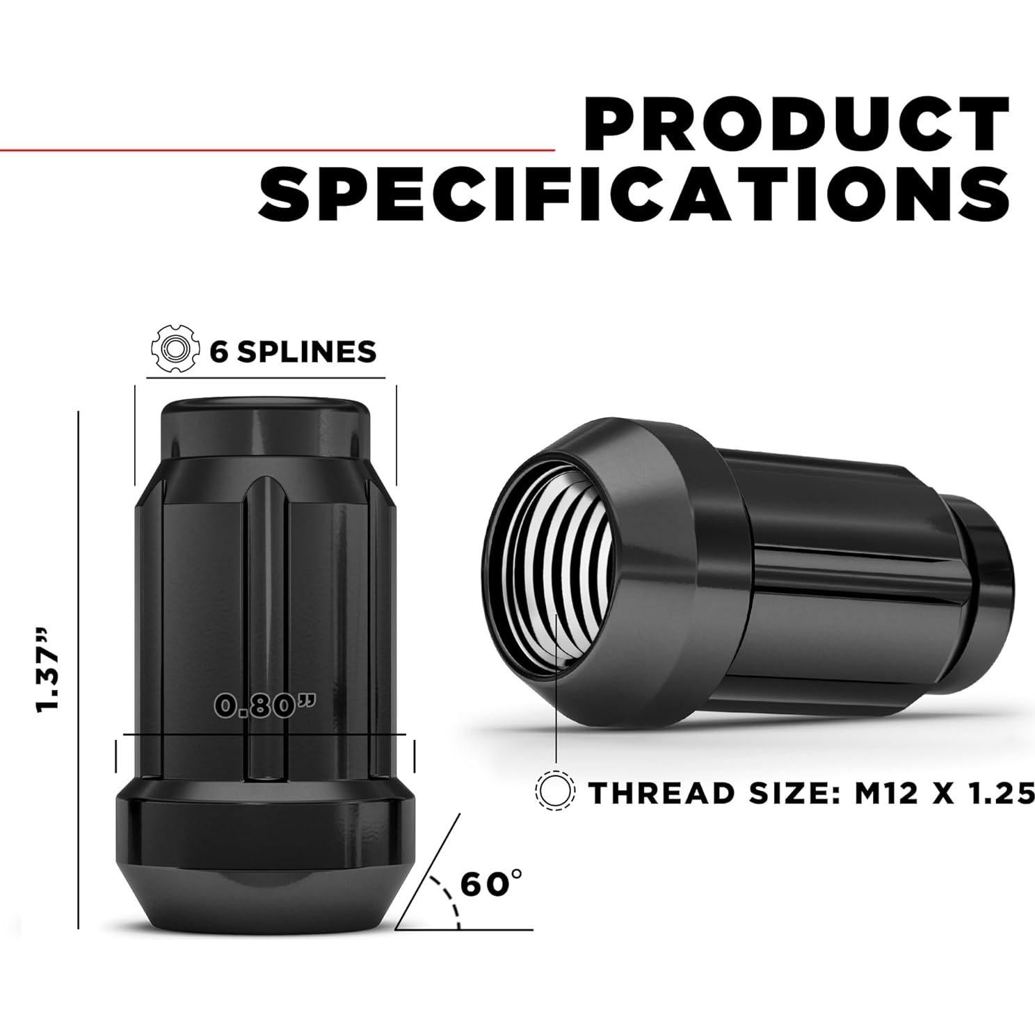 Tuerca de Lluvia Negra Chrome M12x1.25 White Knight - Paquete de 20