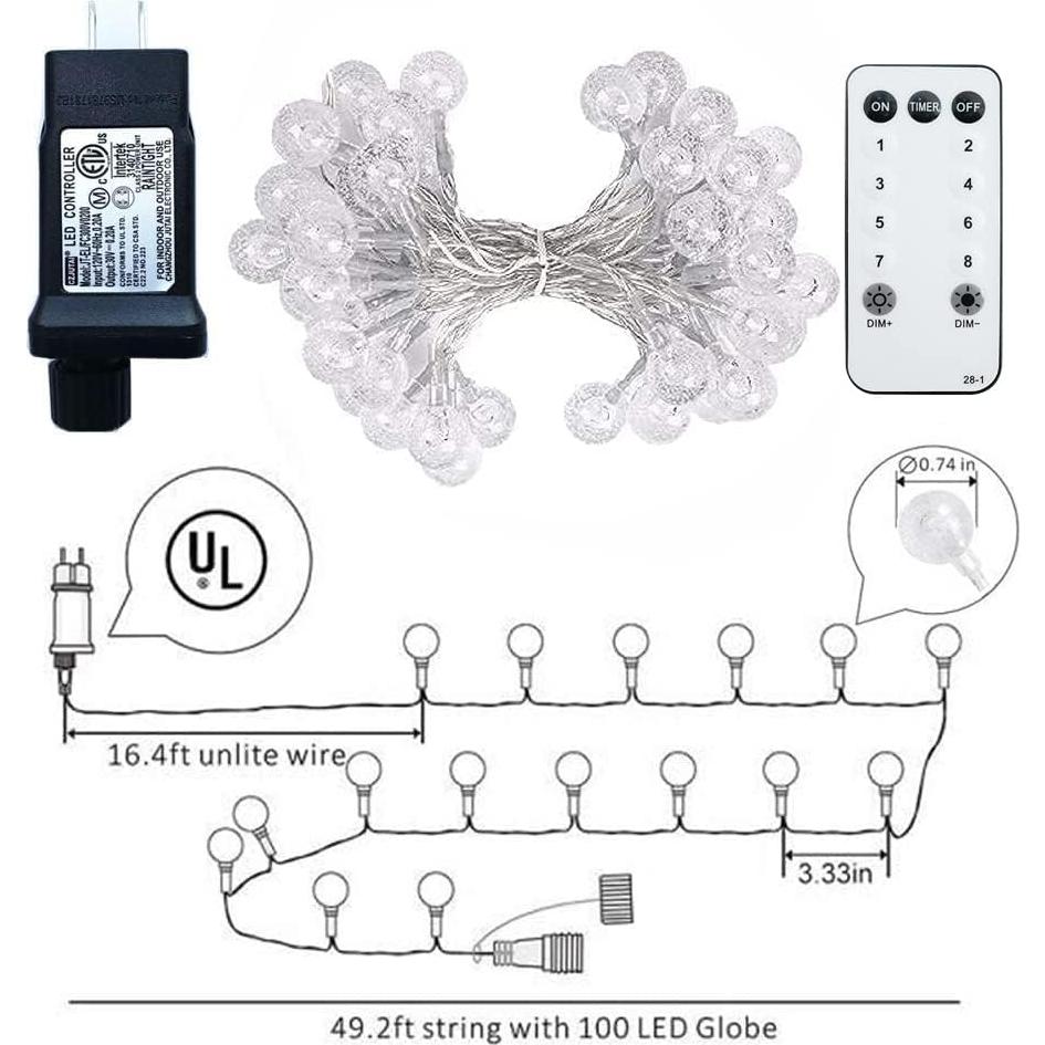 Luces de Cuerda Globo 15m 100 LED Cálido con Remoto y Temporizador