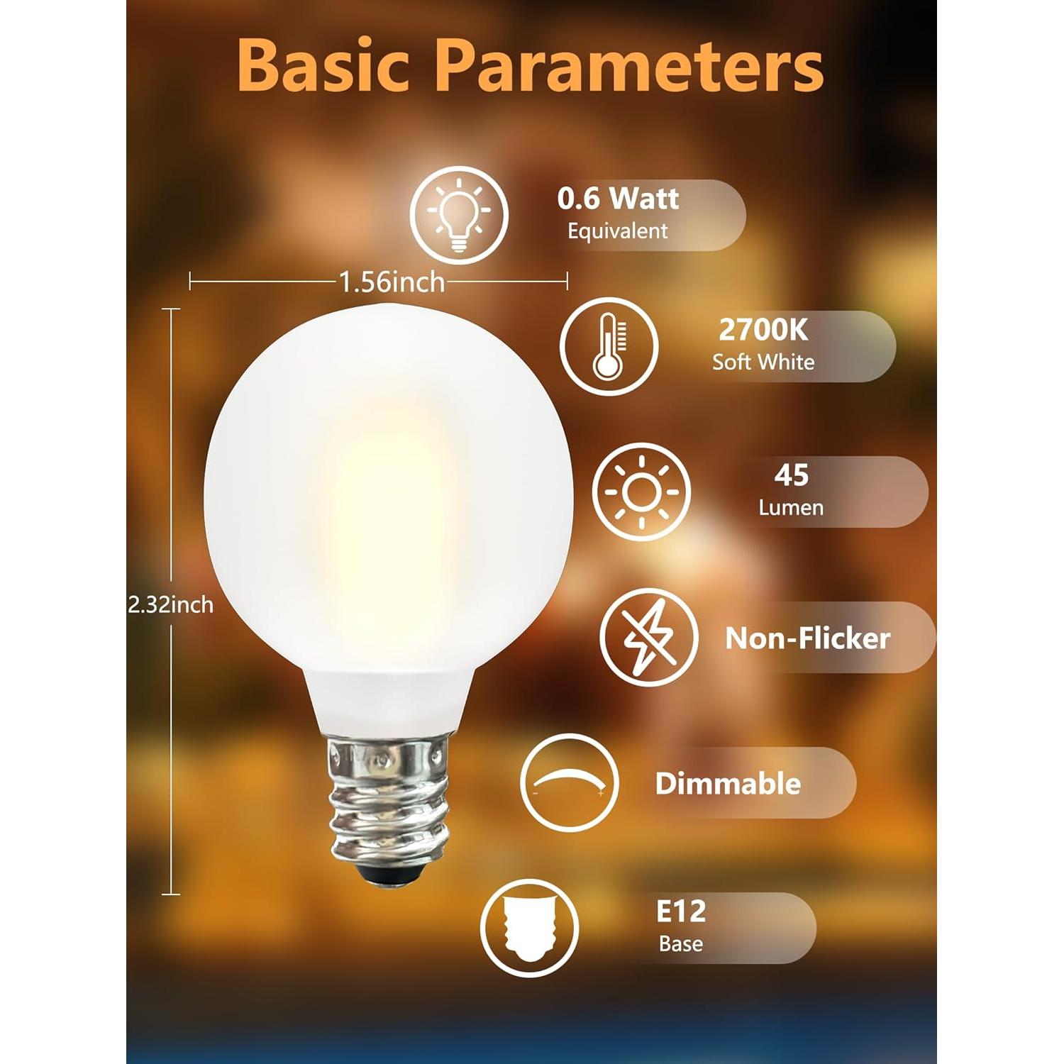 Paquete de 25 Bombillas LED G40 Mate 0.6W E12 Blanco Cálido