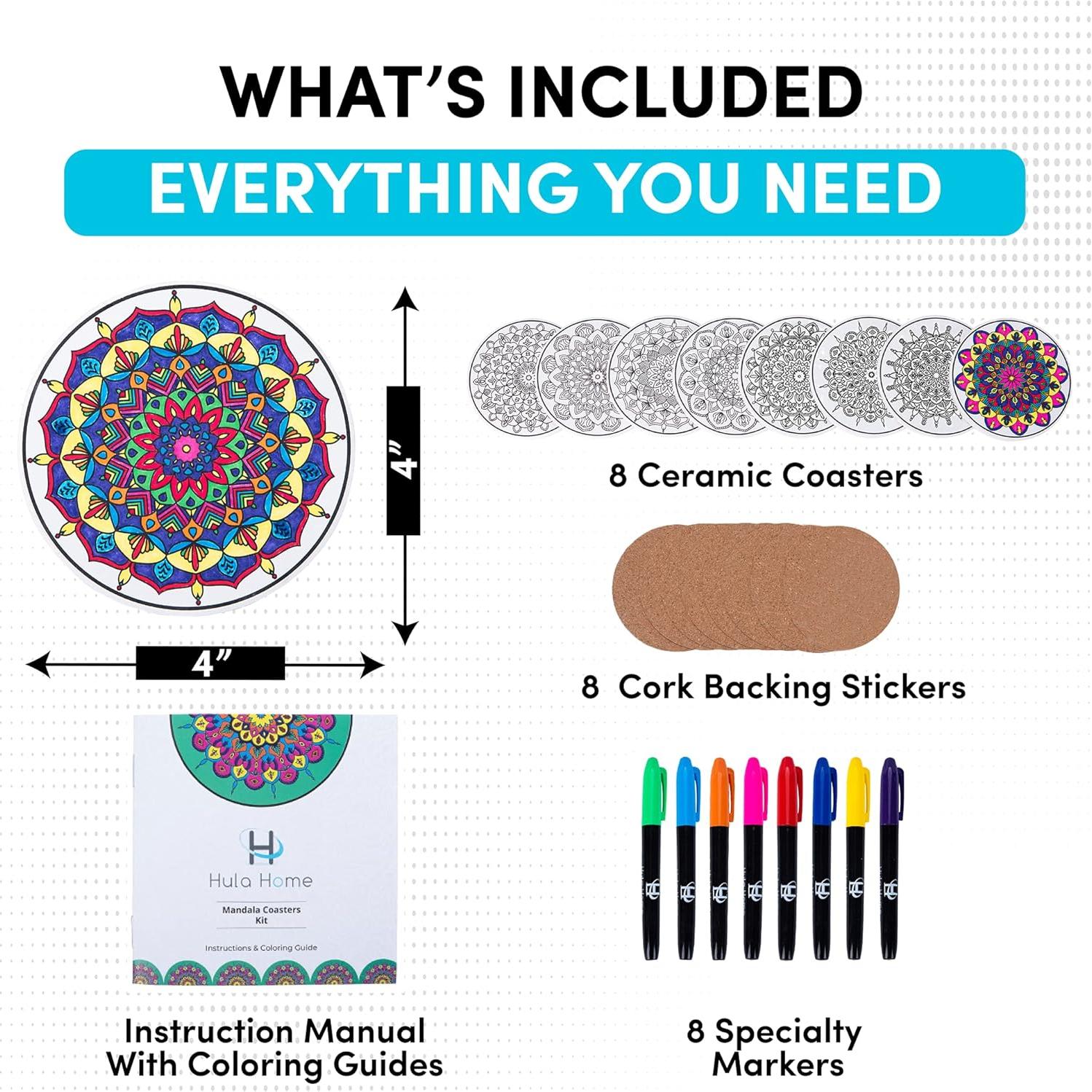 Kit de Posavasos Mandalas DIY Hula Home - 8 Cerámicos con Marcadores